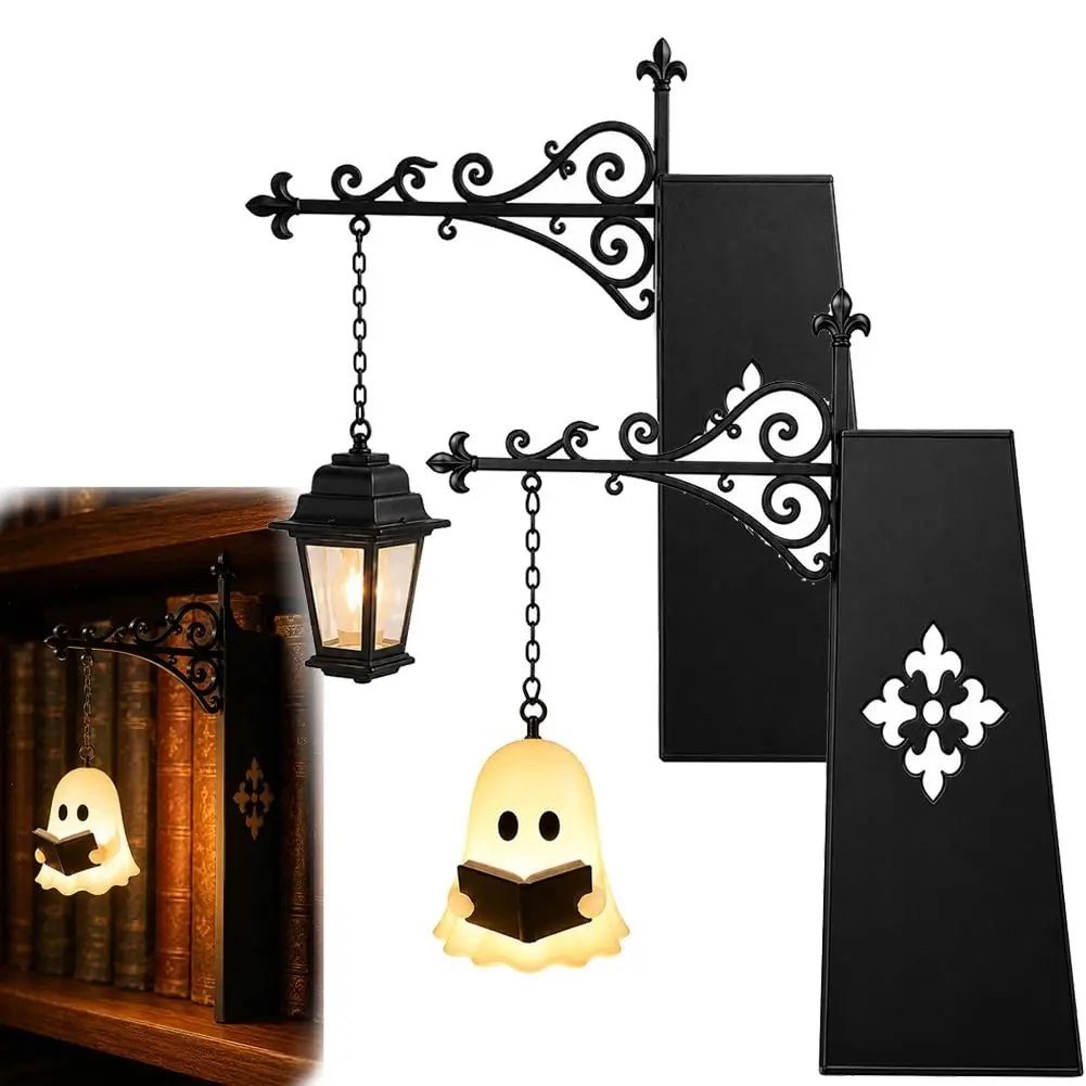 Library Lantern Mini Bookshelf Lamp - Decorative Bookshelf Lighting, Bookcase Insert Decor Light with Hanging Lantern / Ghost Pendant, Readers, Book Lovers, Bedroom, Library, Halloween Gifts