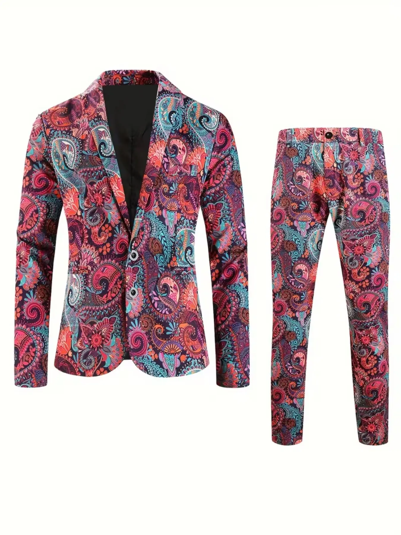 Men's Vintage Paisley Blazer Set, Colorblock Digital Print Suit Jacket & Pants, Elegant Party, Trendy Casual Formal Wear