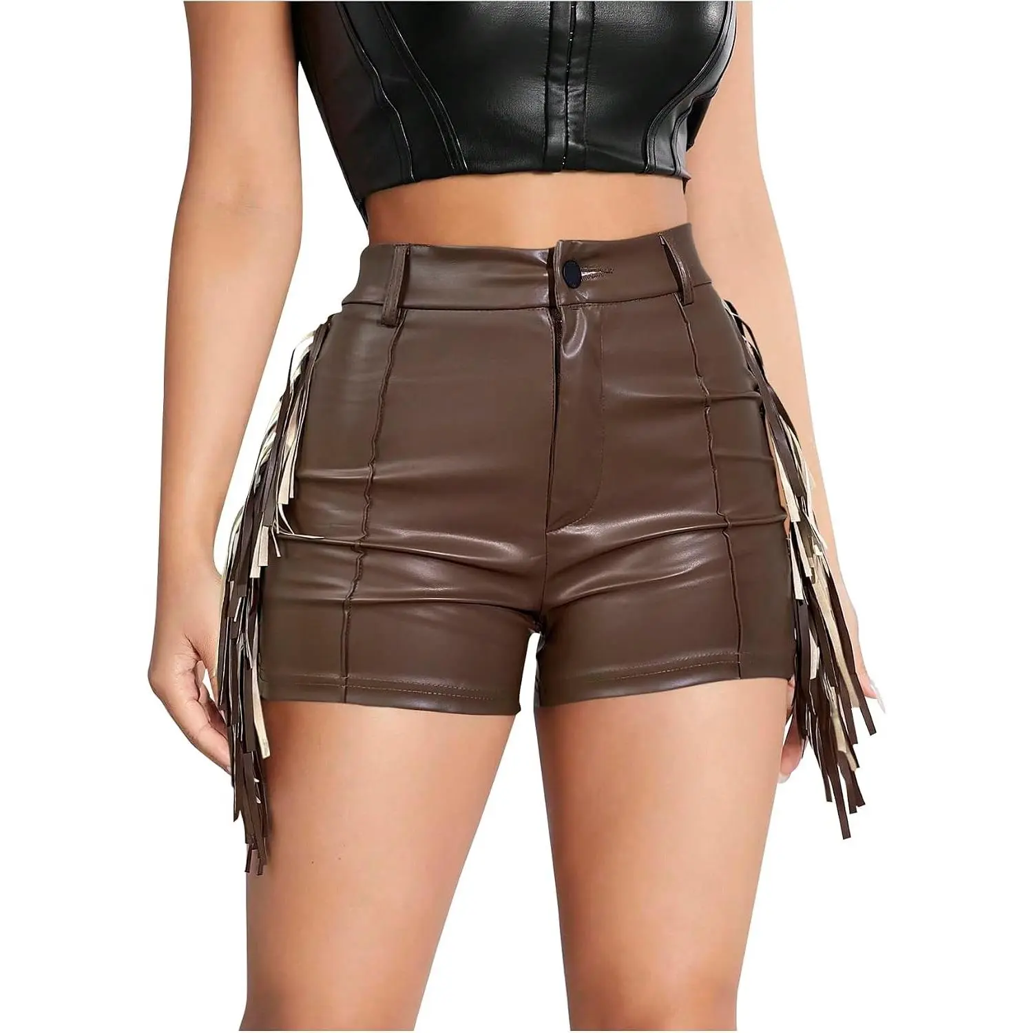 Women's Y2K Sexy Faux Leather Shorts Fringe Tassel Festival Rave Micro Shorts Western Cowgirl Outfits