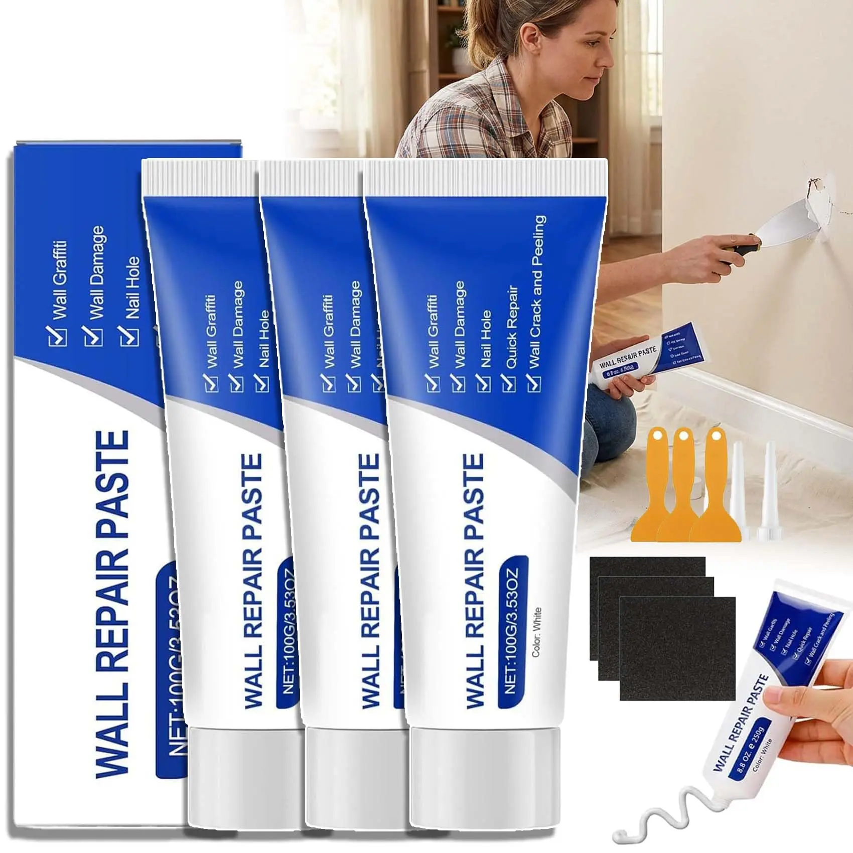 3Pcs Drywall Repair Kit with Scraper, 2026 Upgrade Fast Drying Adhesive Wall Paste for Cracks & Holes, Multi-Functional DIY Home Mending Tool