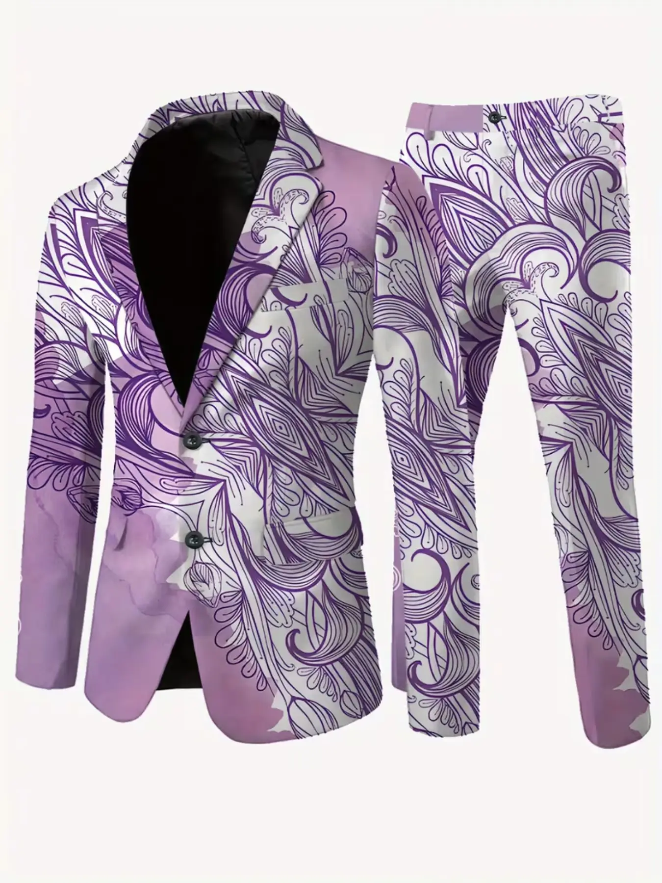 Men's 2-Piece Blazer Set, Gradient Paisley Floral Print, Slim-Fit Long Sleeve, Casual Party Dress, Ankle-Length Pants