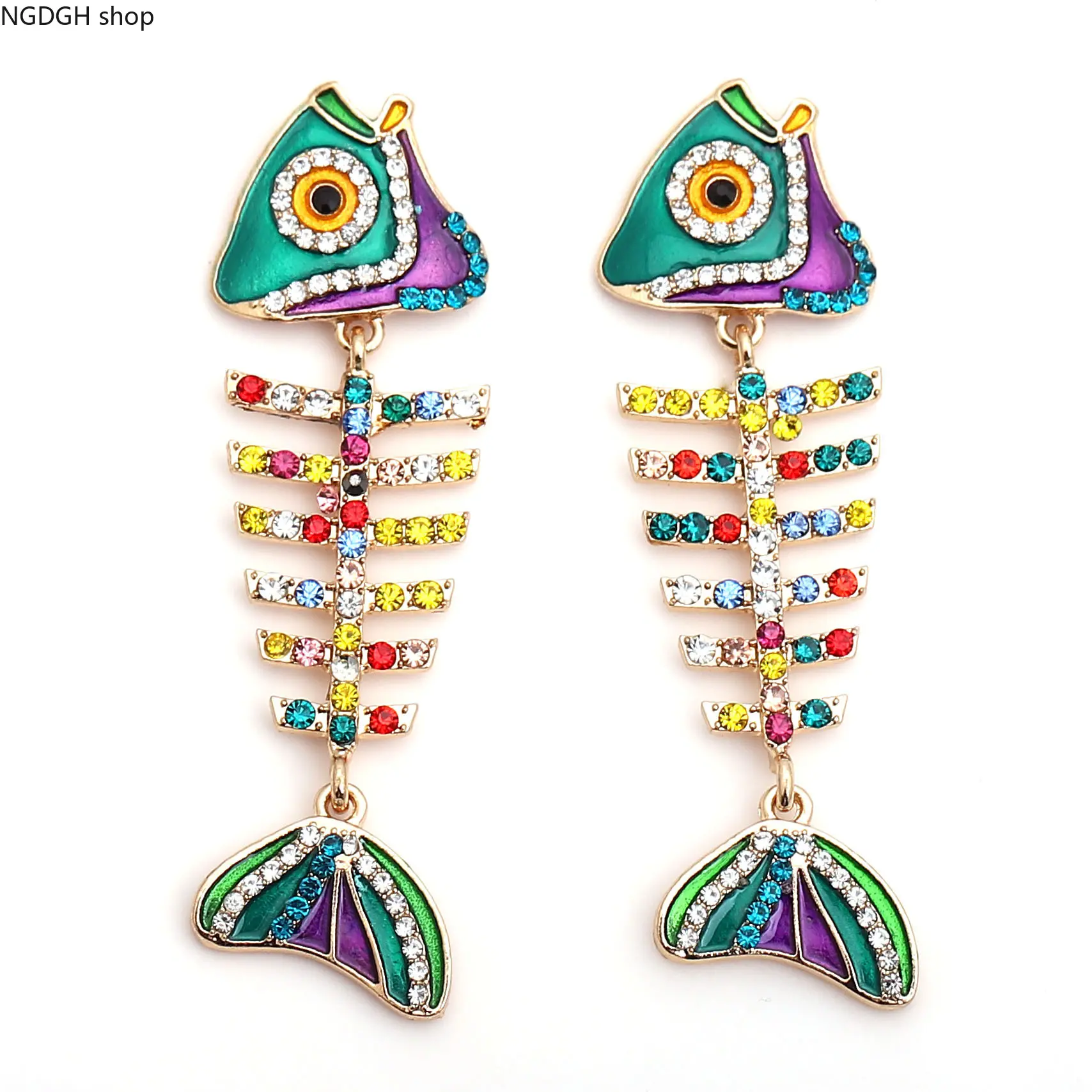 Women's Skeleton Dangle Earrings - Rainbow Fish Bone Boho Statement Jewelry with Rhinestone Enamel for Summer Parties