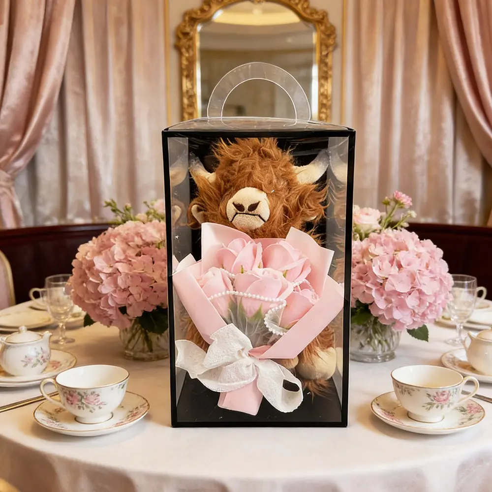 New Stuffed Animals Highland Cow with Artificial Rose Bouquet,1Set Plush Toy Cow Rose Bouquet Gift Box for YourLove Valentine'S Day wedding Bride Gift Christmas New Year Birthday Party Gift, Unique Birthday Gifts