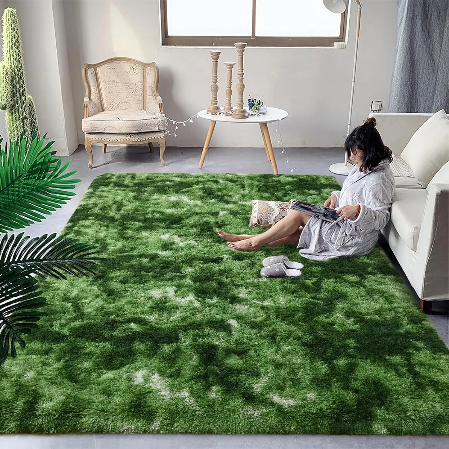 Dark Green Rugs for Bedroom Living Room, 5x8 Large Soft Plush Shaggy Tie-Dyed Forest Moss Green Girls Boys Kids Rug, Non-Slip and Machine Washable Carpet for Dorm Nursery Decor