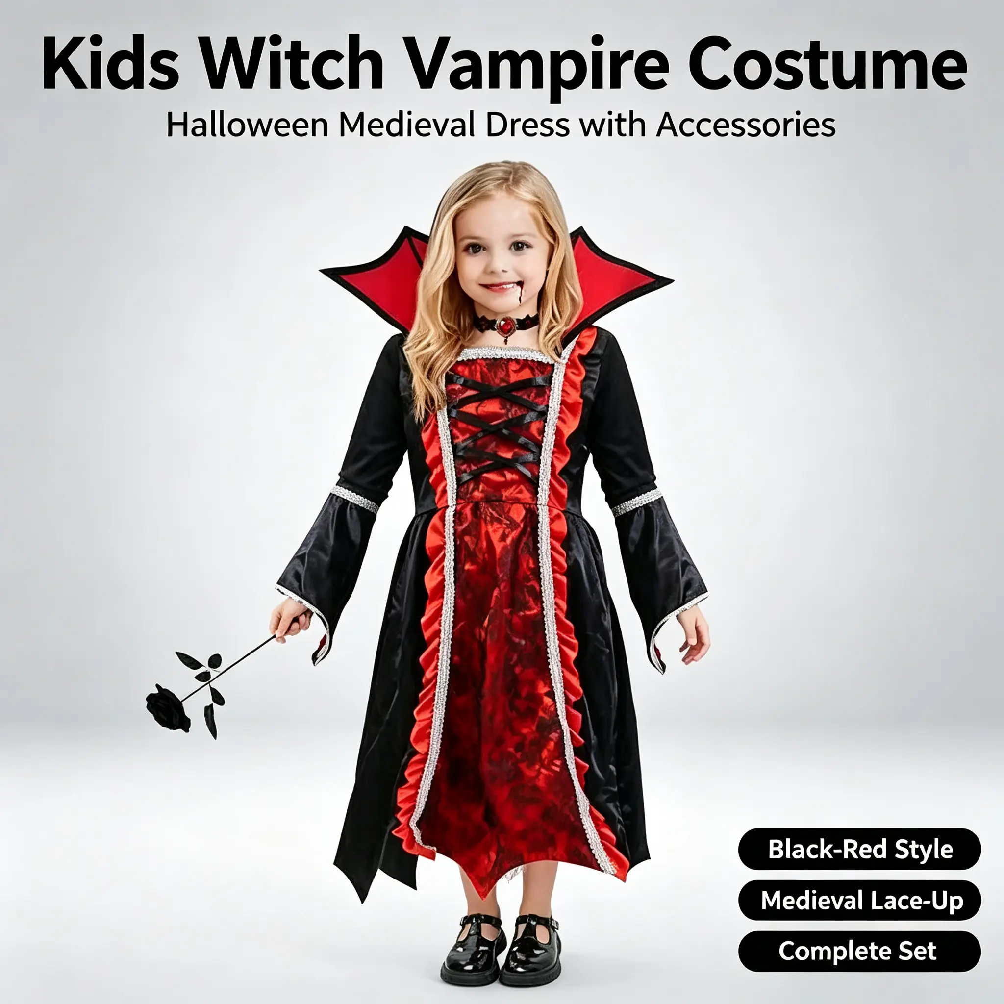 Kids Witch Vampire Costume | Black-Red Medieval Dress for Halloween, Parties, Stage Shows & Dress-Up