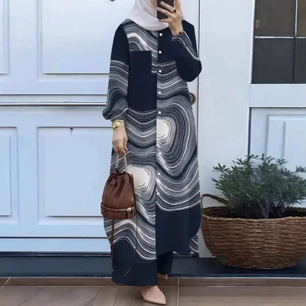 Women's 2-Piece Geometric Patchwork Cardigan Set - Long-Sleeved Collared Shirt, Pants, Modest Islamic Women's Clothing, All Seasons, In Stock, Women 2 Piece Sets