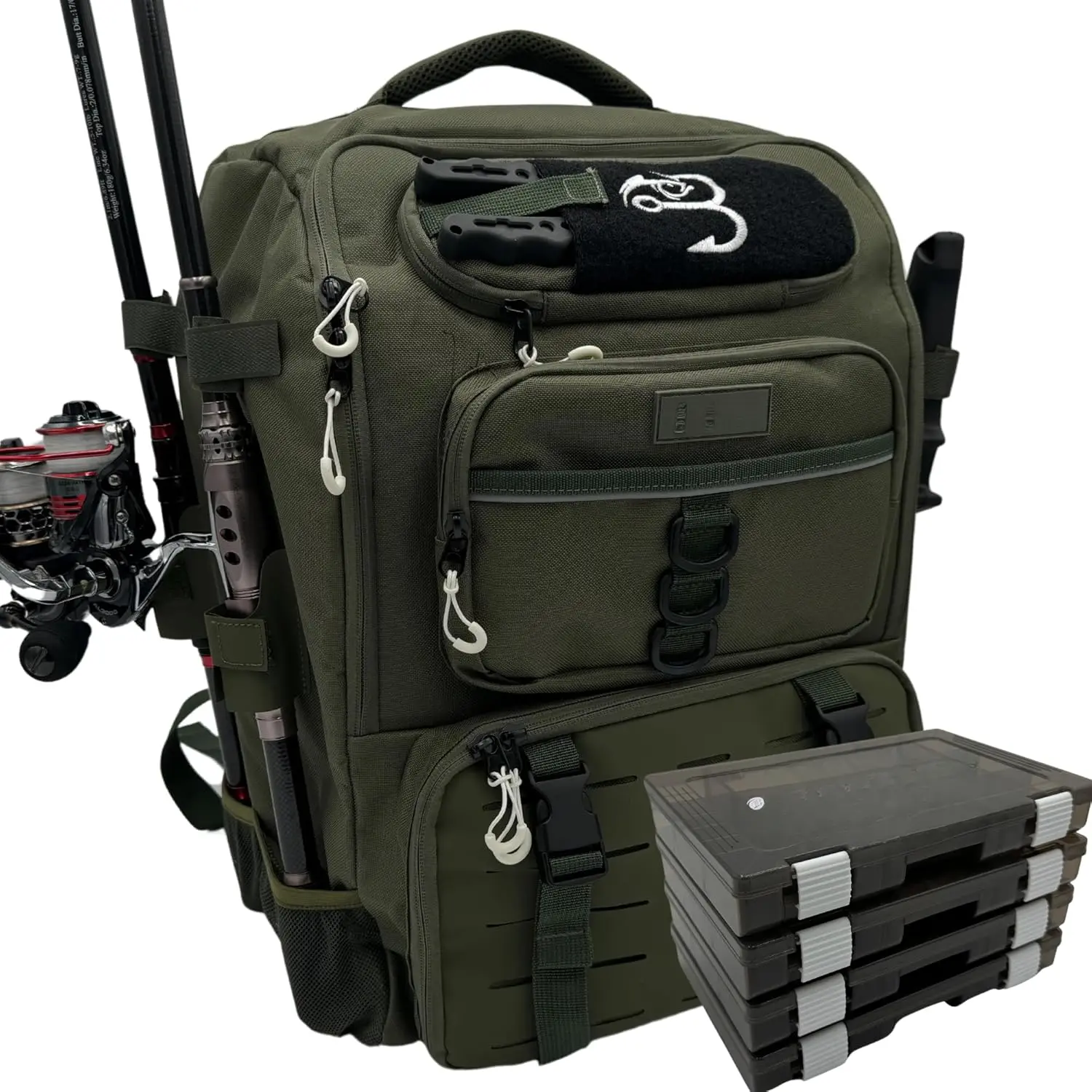 Unisex Fishing Backpack Functional Pack, 40L Tackle Bag With Rod Holders, Cooler, Rain Cover, Insulated Pocket & 4 Tackle Trays for Fishing Trips (Green)