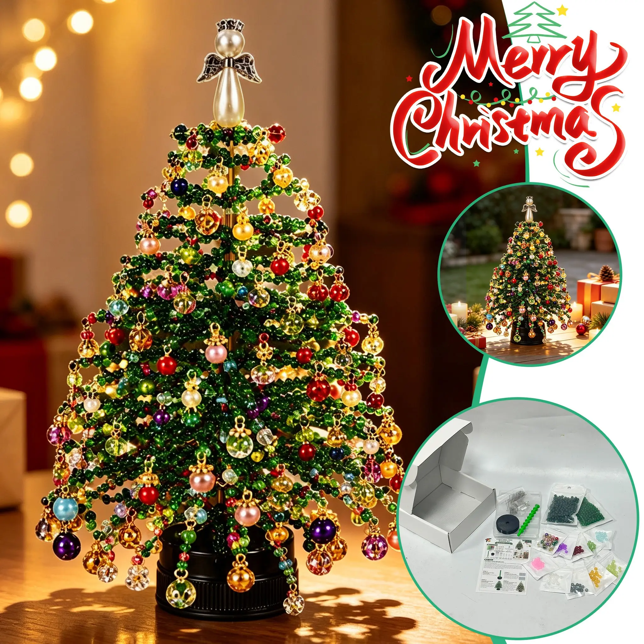 Christmas Tree Bead Craft Kit, DIY Mini Beaded Christmas Tree Set, Desktop Decoration for Living Room, Office, Birthday Party
