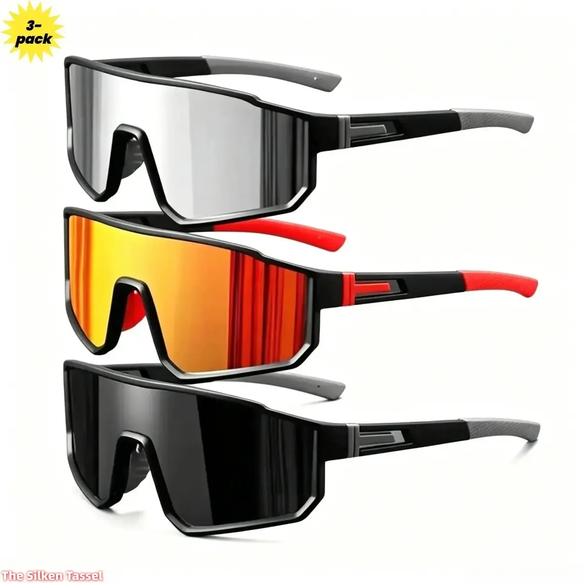 Men's 3-Pack Large Frame Polarized Sunglasses - Lightweight, Anti-Ultraviolet, Bold Style Athletic Black Wraparound Eyewear with Non-Slip Nose Pads (Guys Gifts, Cool Outdoor Stuff) for Fishing, Daily Wear, Unisex, Polarized Lenses, 3-Pieces, Anti-Glare