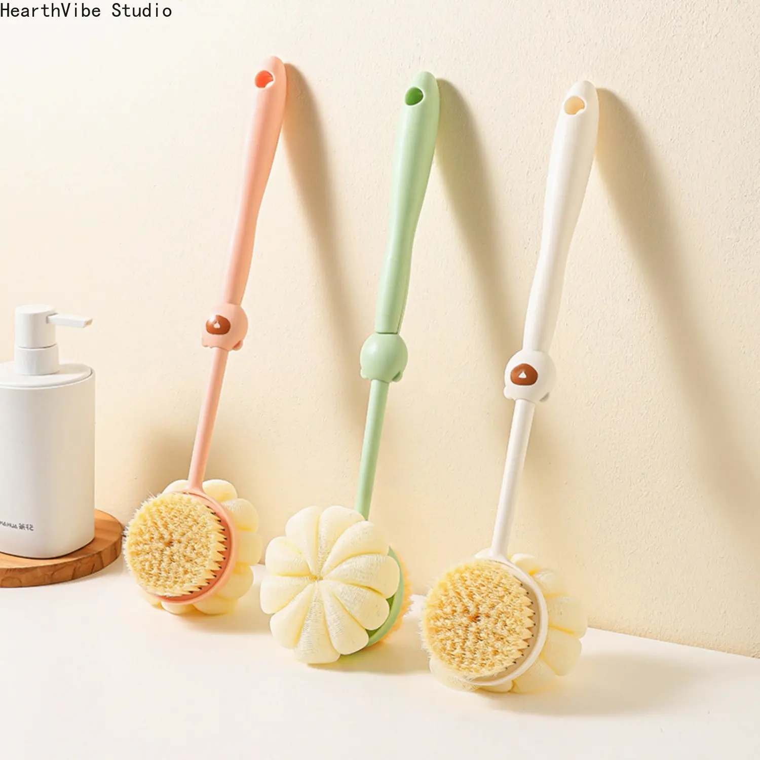 Long Handle Bath Brush 2 in 1 Back Scrubber with Soft Bristles and Shower Loofah Body Exfoliating Mesh Sponge Massager for Bathroom Shower Men Women