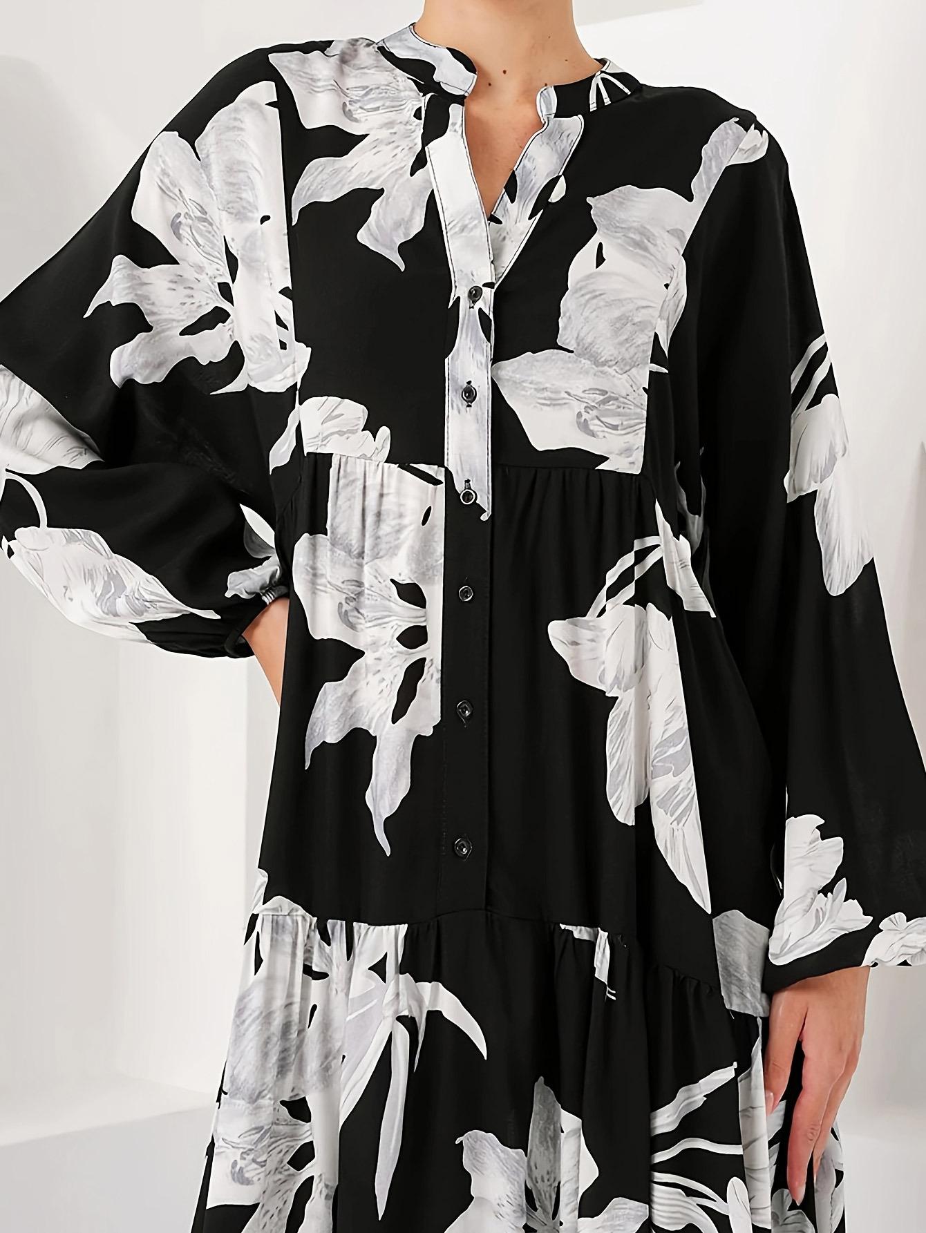Arab Muslim Middle East Black Dress Elegant Temperament Noble Robe Flower Printed Long Shirt French
