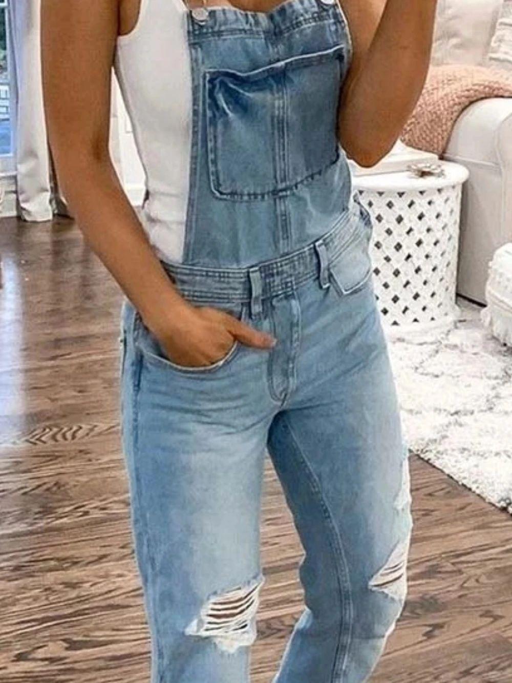 Women's Ripped  Bib Overalls Adjustable Straps Pockets Jean Rompers Casual Distressed Jeans Fit Jumpsuits   Style Sports Double Shoulder Strap Ripped  Jumpsuit Women's Casual Wear Dungarees Comfort rompers women romper Womenswear Basic