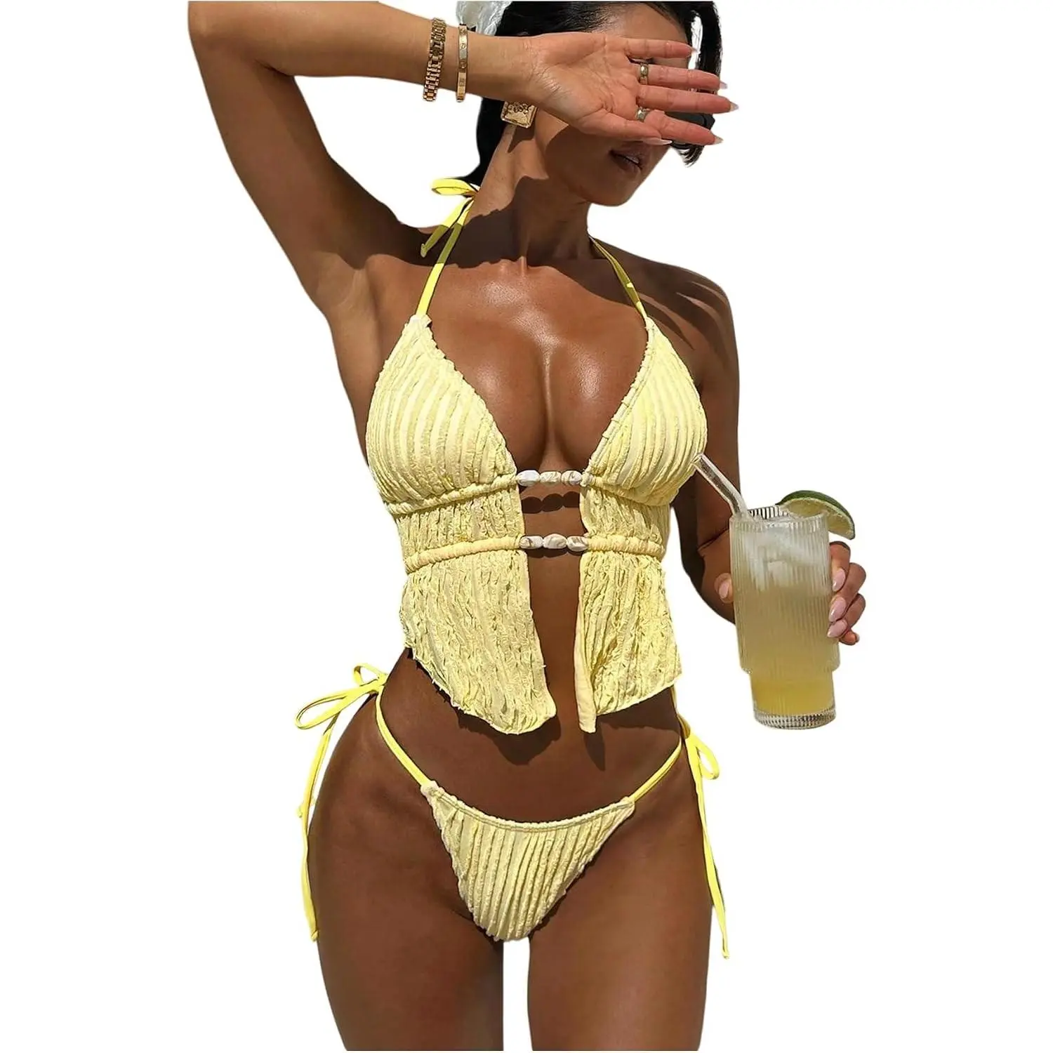 Women's 2 Piece Beaded Bikini Sets Halter Swimsuits Textured Backless Tie Side Bathing Suit