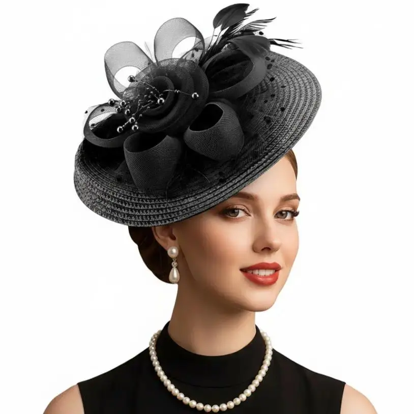 Elegant Vintage Fascinator Hat for Women, Decorative Headpiece with Mesh, Floral & Feather Details, Fashion Hair Accessory for Wedding, Tea Party and Special Events