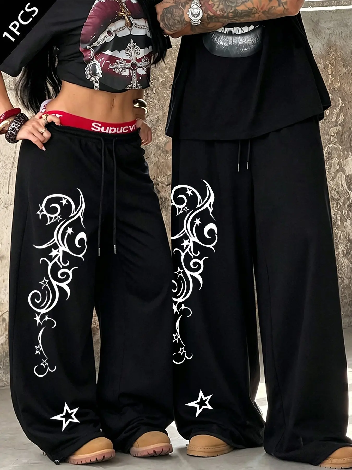 Women's Y2K Streetwear Wide-Leg Sweatpants, tribal star print loose casual trousers with elastic drawstring waist, suitable for daily jogging and street styling scenarios