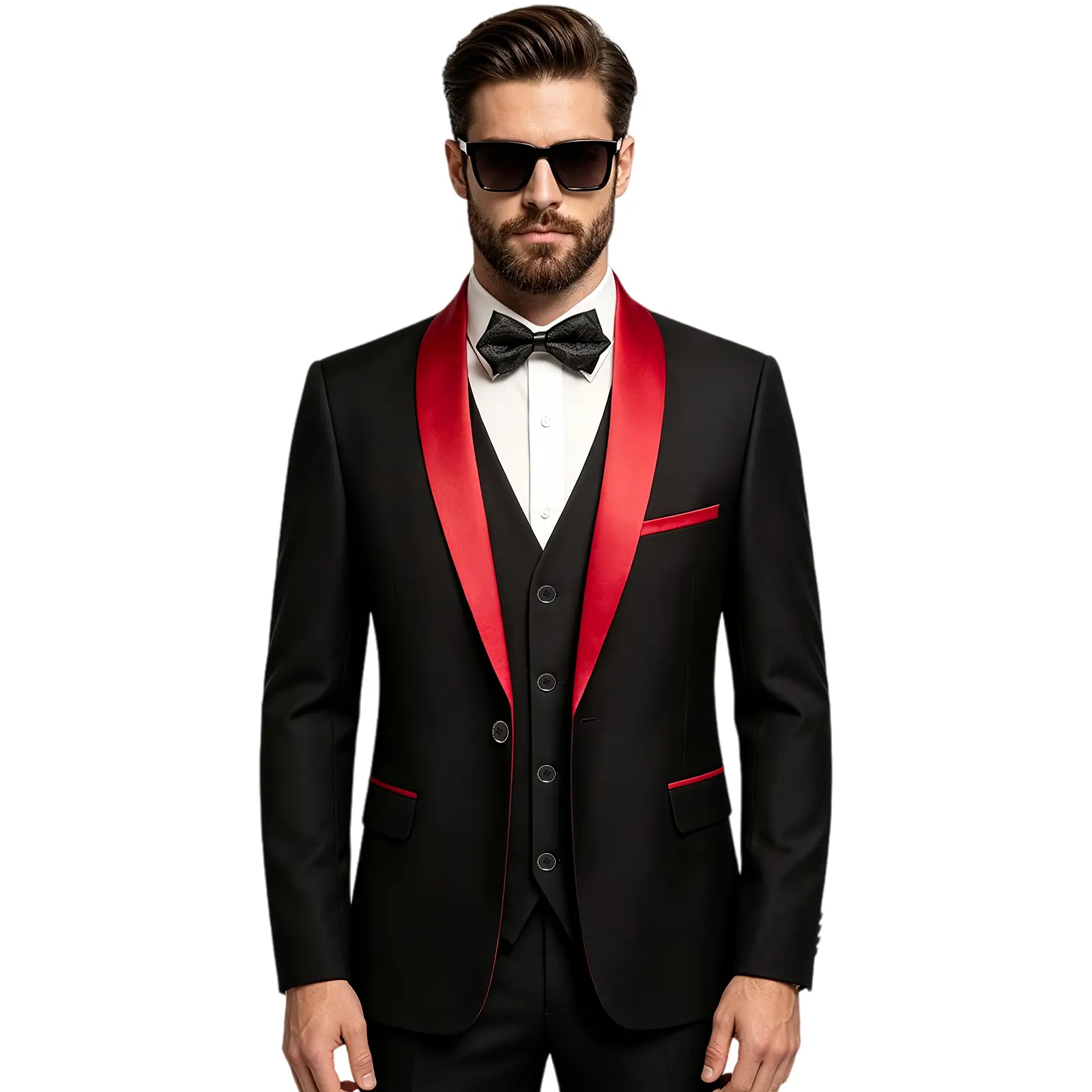 Men's Red Satin Shawl Lapel Tuxedo 3 Piece Suit Set Formal Prom Outfit with Vest Pants for Wedding Homecoming Party