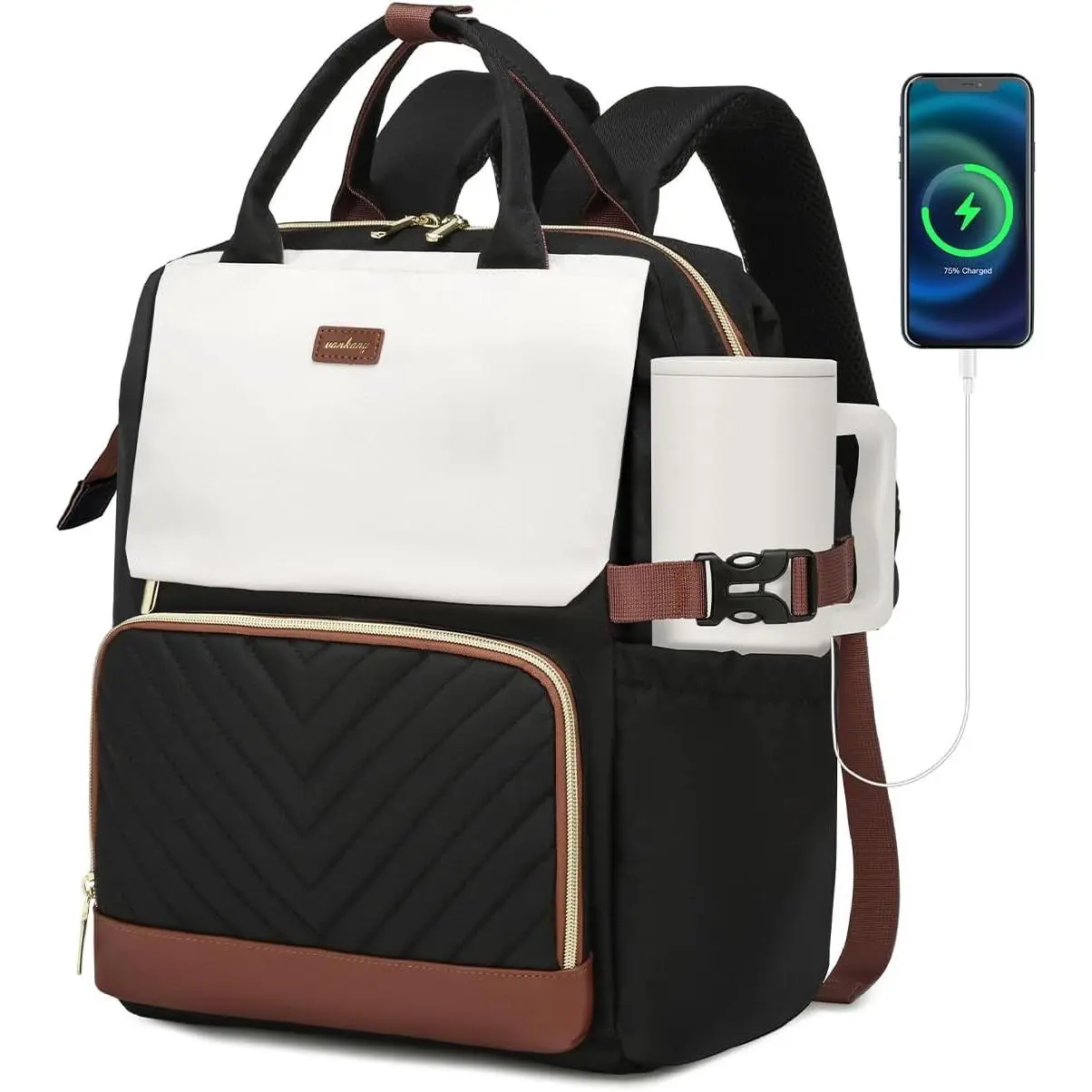 Bookbag for Women Laptop Backpack, Teacher Nurse Work Computer Bags with Cup Holder & USB Charger for Travel, School Bag College Back Pack for Girls, BlackWhiteBrownGift