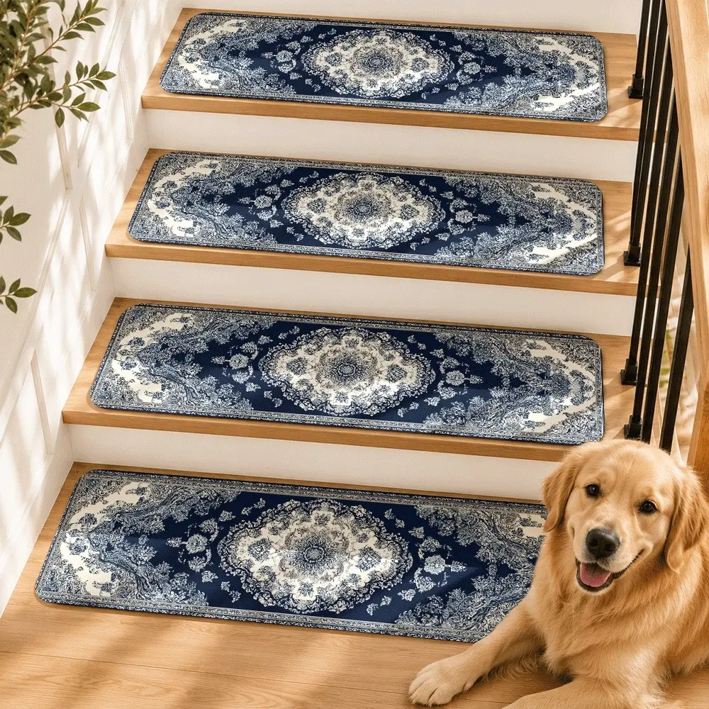 15pcs Vintage Persian Stair Treads,  Washable Stair Mats for Wooden Steps, Soft Diatom Mud Surface, Natural Rubber Backing, Pet Friendly, Protect Hardwood Stairs, Elegant Home Decor, Boho Washable Rugs