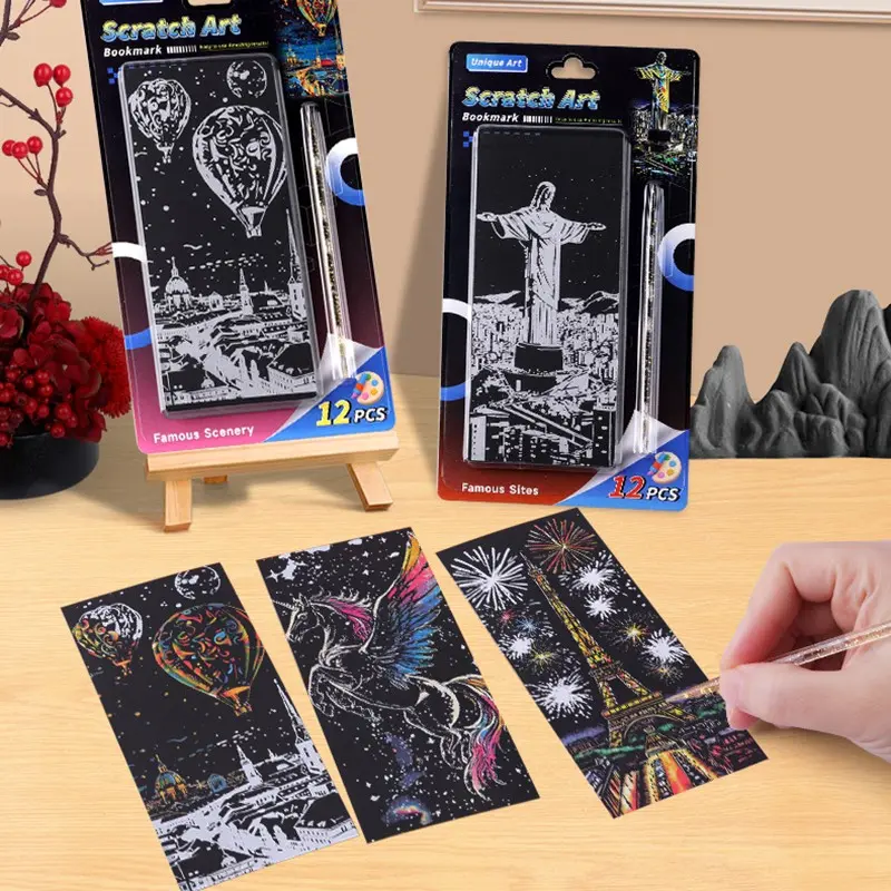 Creative Scratch Art Set, 12 Patterns, DIY Handmade Drawing, Stress Relief Toy Gift, No Brush Needed, Can Be Used as Bookmark