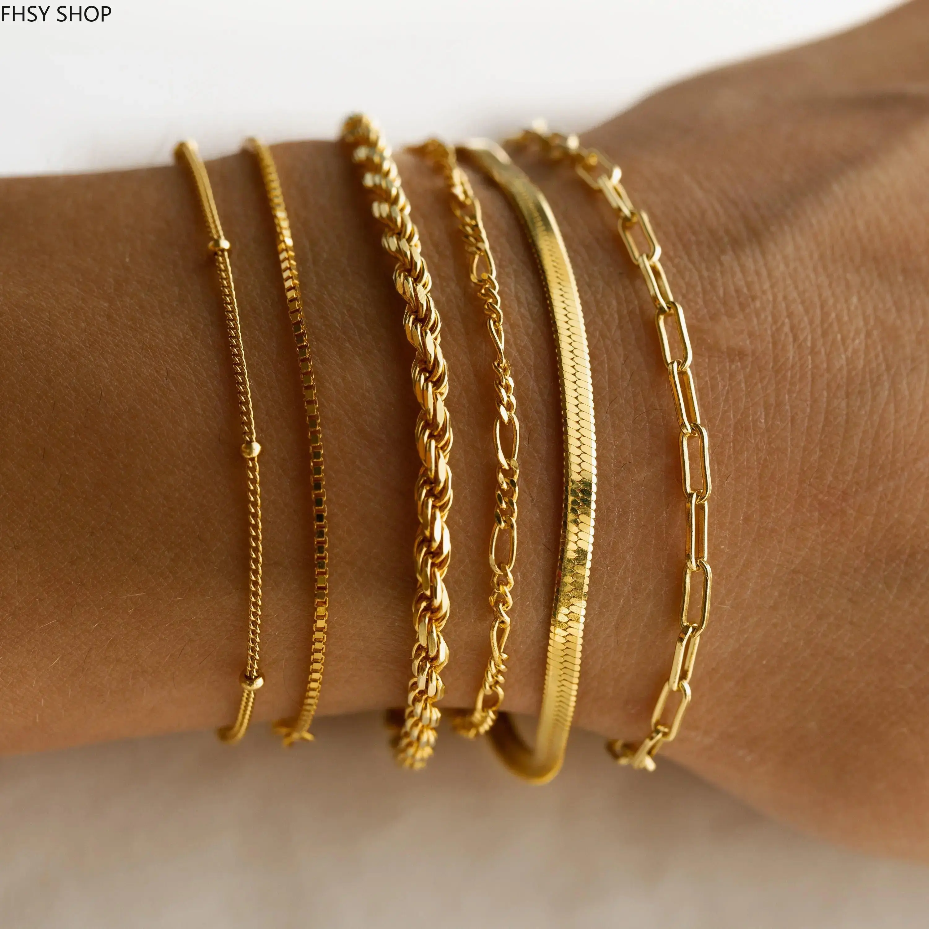 14K Gold Plated Copper Bracelets for Women, Thin Dainty Stackable Chain Pack, Waterproof Fashion Accessories Gift Set for Mom, Wife & Girlfriend on Mother's Day