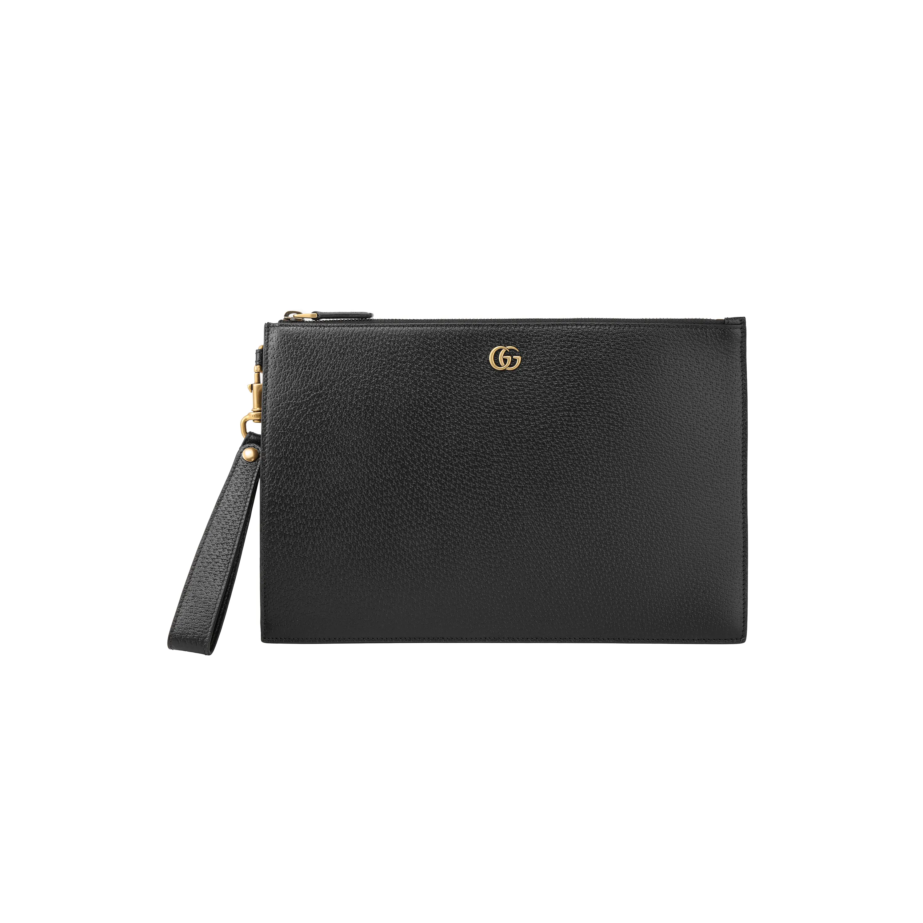 Gucci GG Marmont Leather Clutch Bag for Men, Classic Gold Logo Style, Black