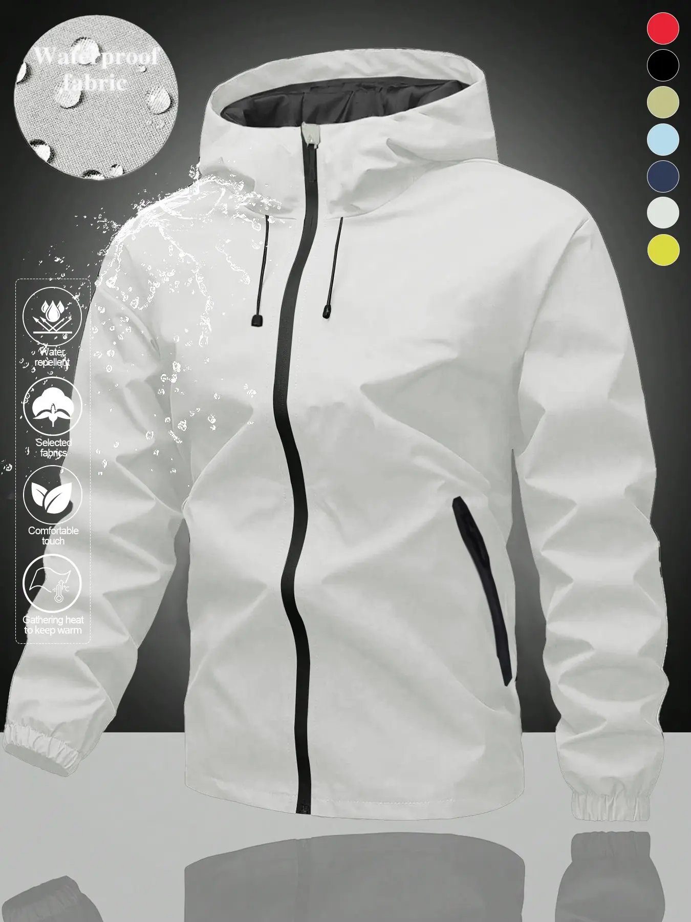 Outdoor Waterproof Hooded Jacket, Lightweight Water-Repellent Polyester, Full Zip Drawstring Hat, 7 Colors, Windproof Warm Commuter Coat
