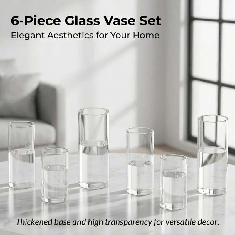 6 Pack Clear Cylinder Glass Vases, Thick Base Straight Tall Flower Vases for Centerpieces Home Wedding Decor