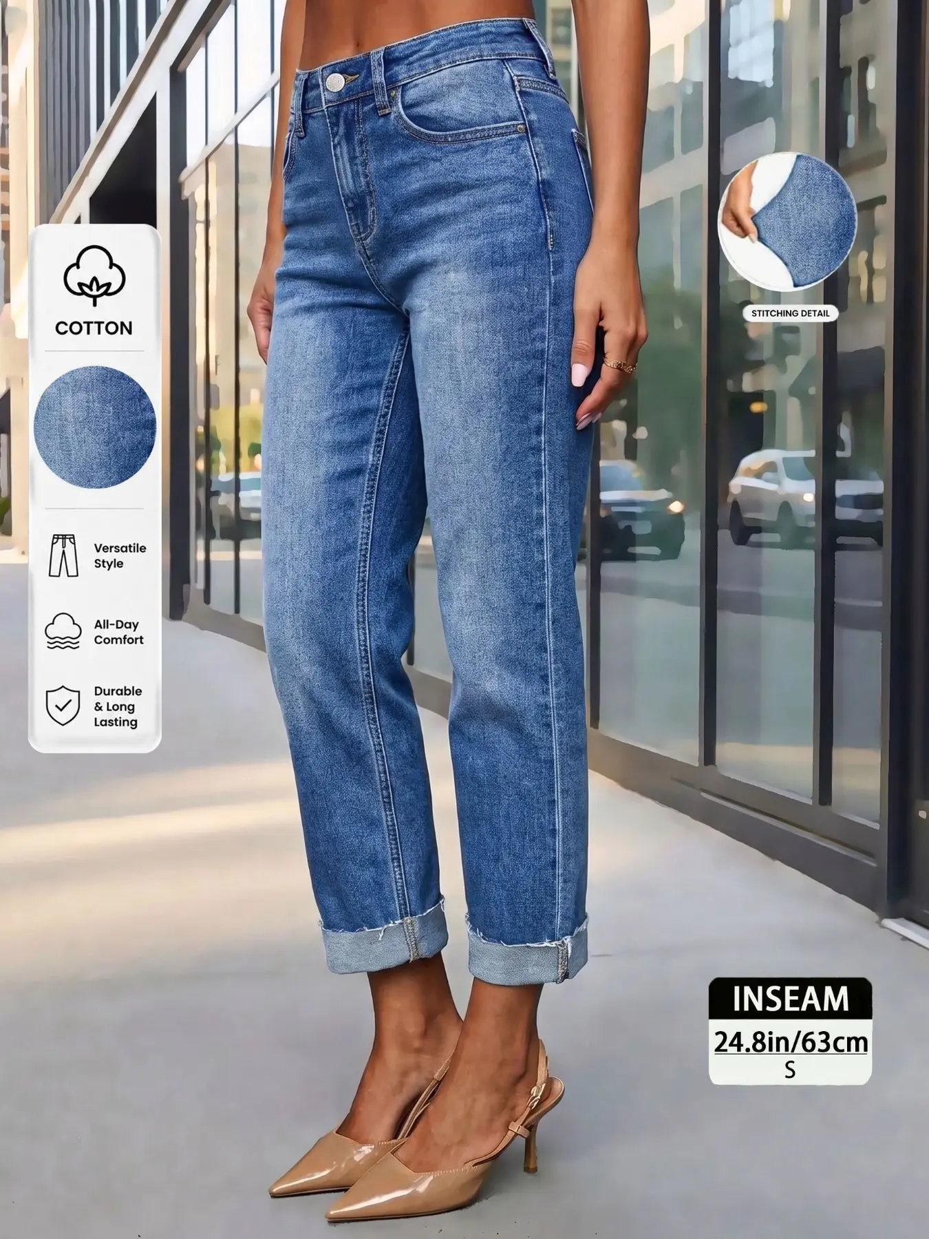 New Women's Mid-Rise Tapered Cropped Jeans, Elegant Chic Style Slim Fit Stretchy Denim Pants with Spray Stone Wash, All Seasons Everyday Wear Bottoms