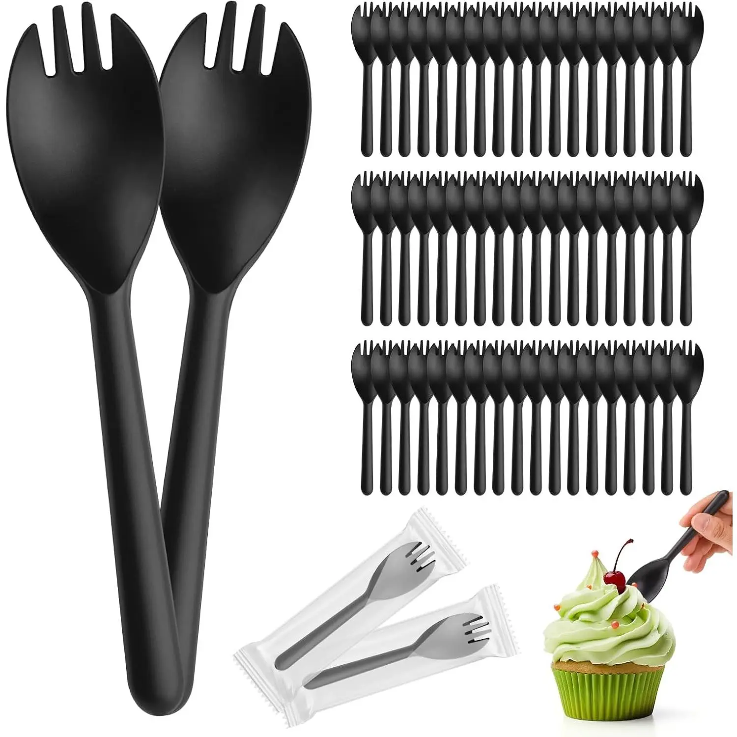 100Pcs Medium Black Individually Wrapped Disposable Sporks, 5.4In Heavy-Duty Plastic Fork-Spoon Cutlery for Catering, Takeout Events