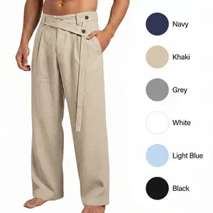 Big & Tall Men's Linen-Cotton Plain Trouser, Irregular Buckle Waist Wide-Leg Loose Fit, 6-Color Menswear with Polyester Fabric, Breathable Durable for Spring Summer Beach Work Travel