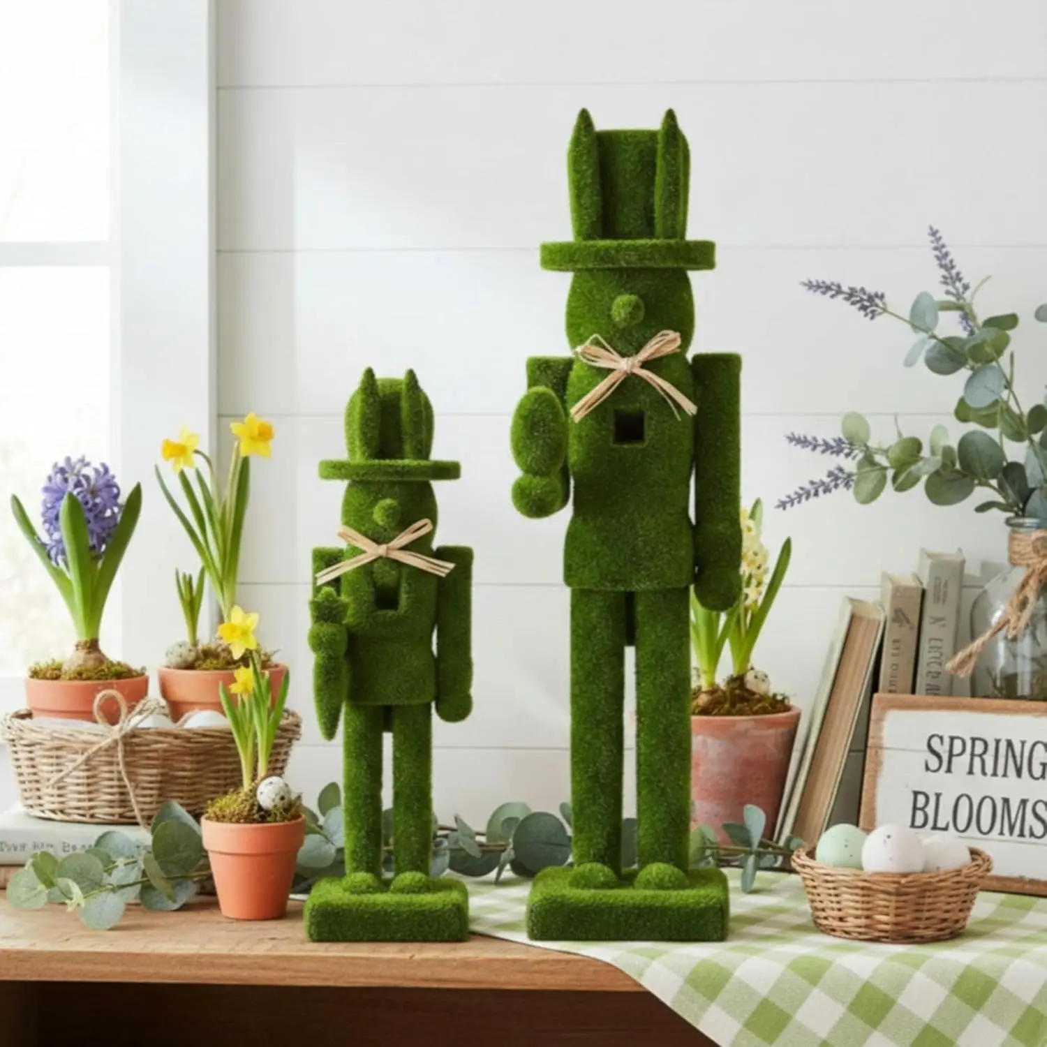 2 Pcs Flocked Easter Nutcracker Figure Wooden Moss Nutcracker Figures with Straw Woven Bow Easter Ornament for Festival Party Gift Shelves Table Desktop Fireplace Decor, 10inch, 15inch
