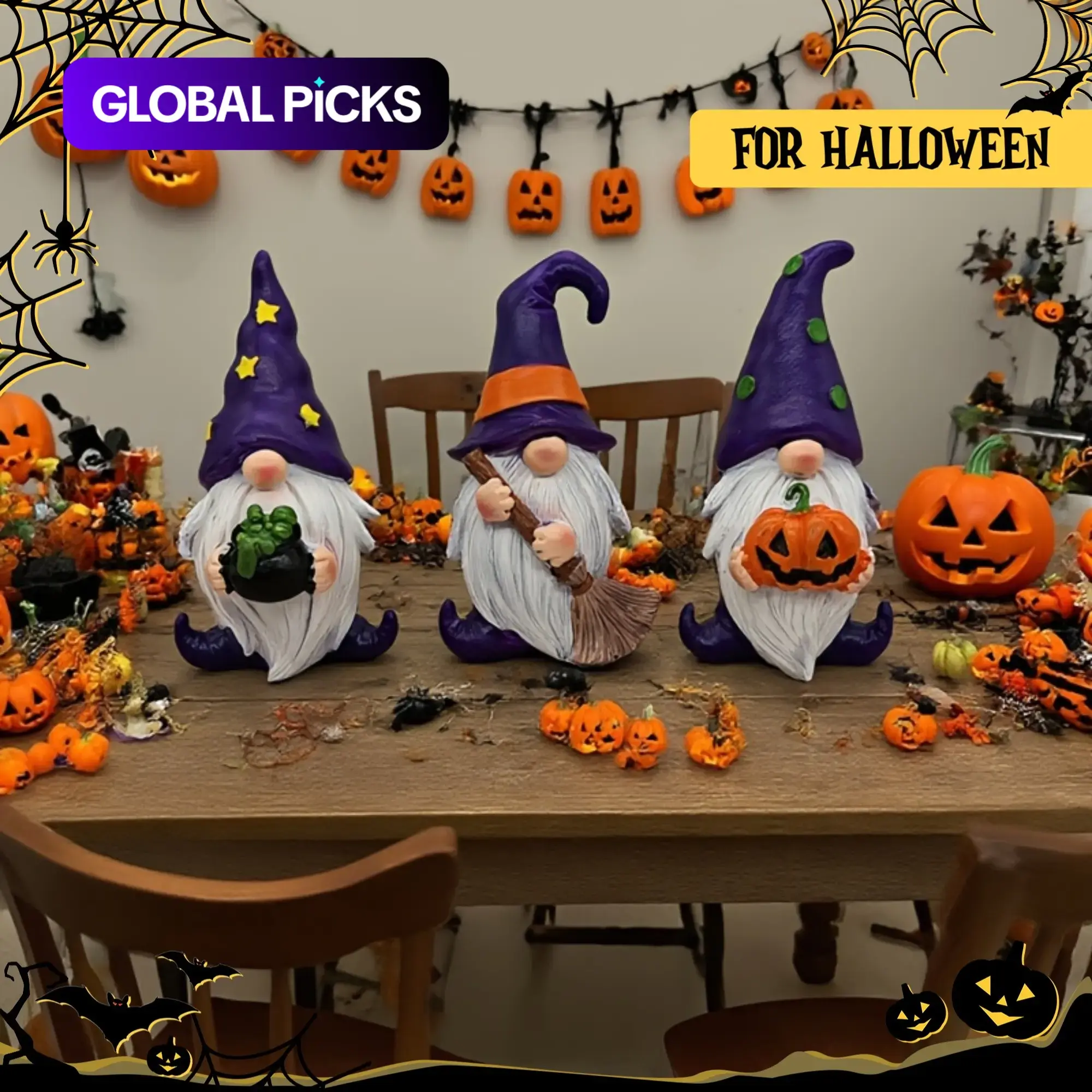 3-Piece Halloween Decor Set, Resin Gnome Pumpkin Broom Statue, Elegant Festive Home Decoration for Desk Living Room, Perfect Gift Idea #GLOBAL PICKS