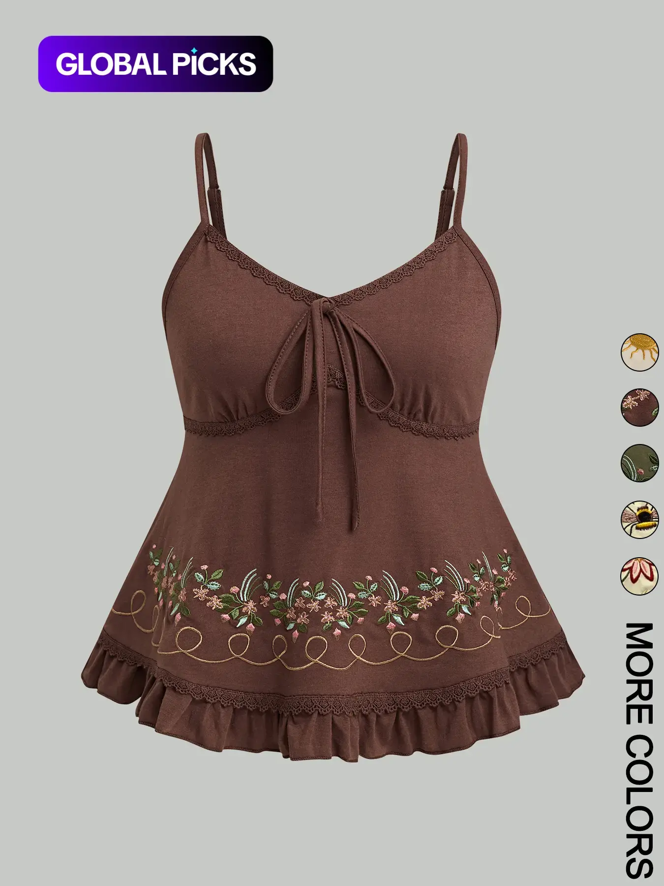 1 Pc Women's Floral Embroidered Ruffled-Hem Fitted Casual Chic Sleeveless Camisole, Casual Feminine Soft Stretchy Fabric with Adjustable Straps, Cute Embroidery Patterns (Flower/Bee/Sun), Lace-Trim Babydoll Top, Multiple Design Options, Womenswear