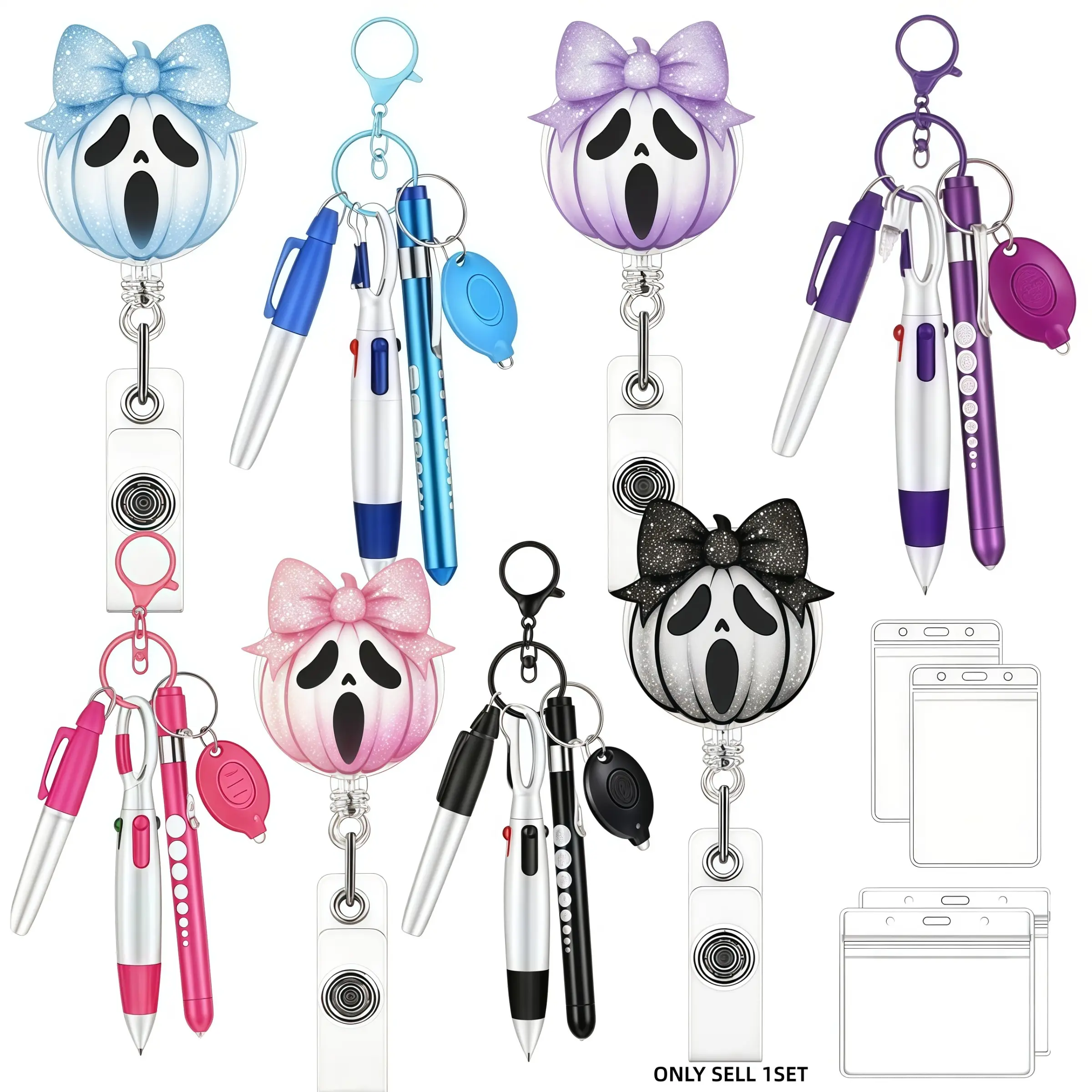 Gothic Halloween Badge Set, Stretchable Ghost Butterfly Pumpkin Badges, Nurse Pen & Name Tag Holder, Medical Worker Gift