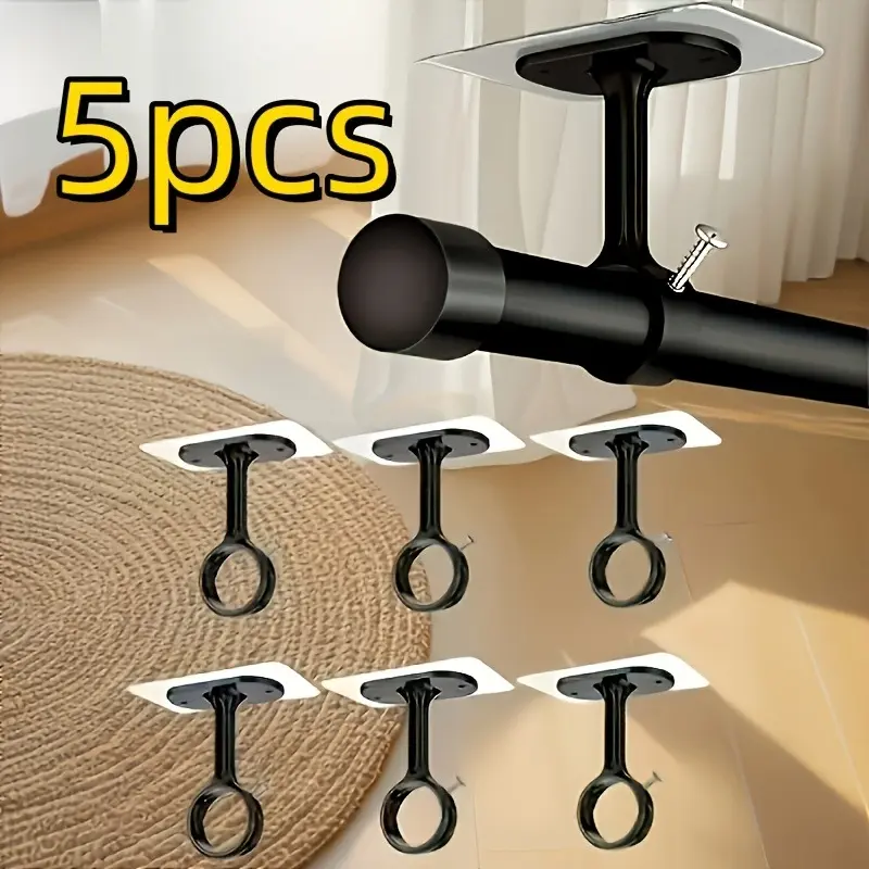 5pcs Heavy-Duty Self-Adhesive Ceiling Curtain Rod Brackets with Adjustable Hooks & Rods - No Drill Installation Suitable for Wardrobe, Bedroom, Plastic Curtain Track System, -Free Hanging for Tiles, Ceiling Panels, Modern Decor