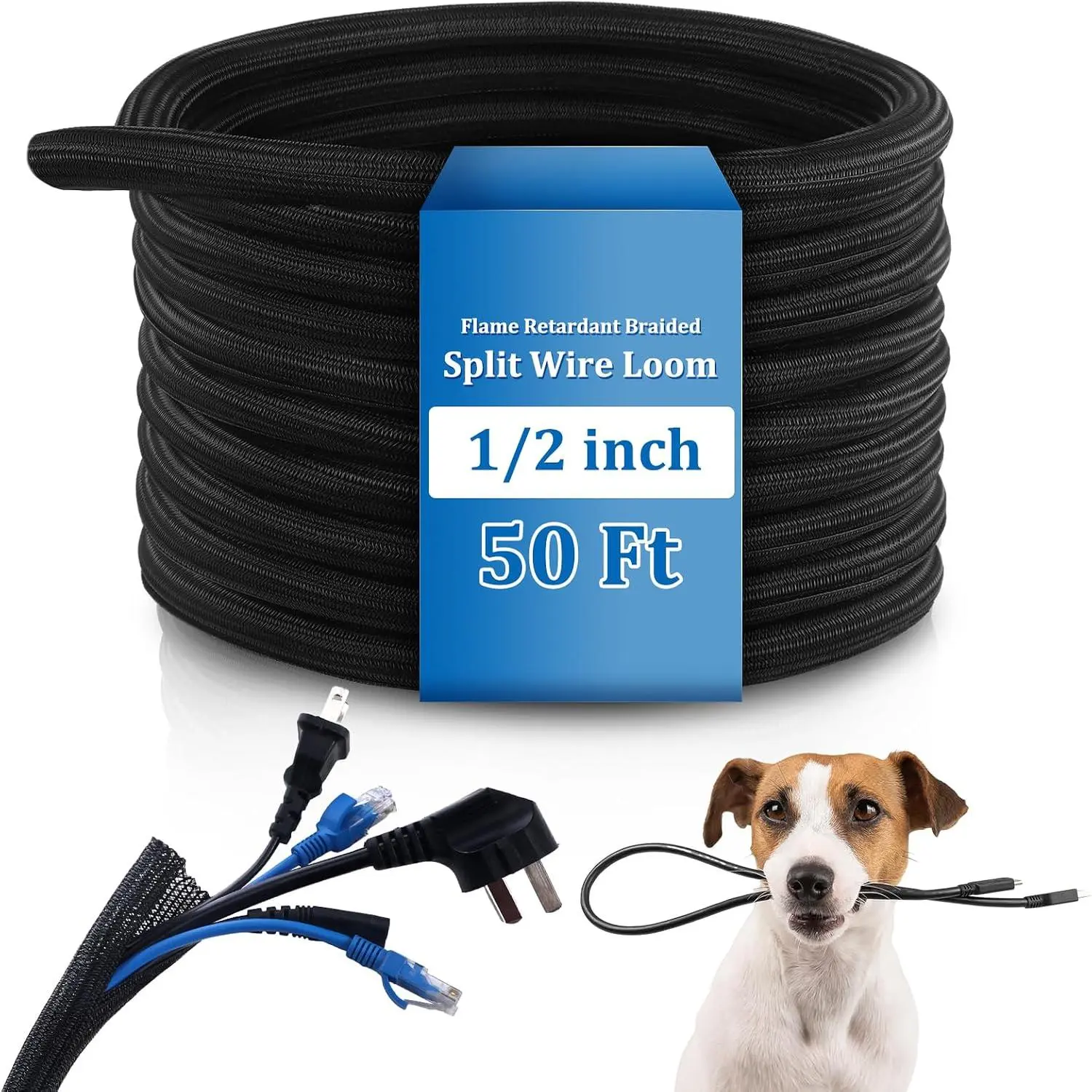 50ft Split Wire Loom Tubing Flame Retardant Braided  Sleeve Split High Temperature  Conduit Auto Wire Conduit for Industrial Electrical Tinsel Automotive Marine(50 Ft, 1/2")