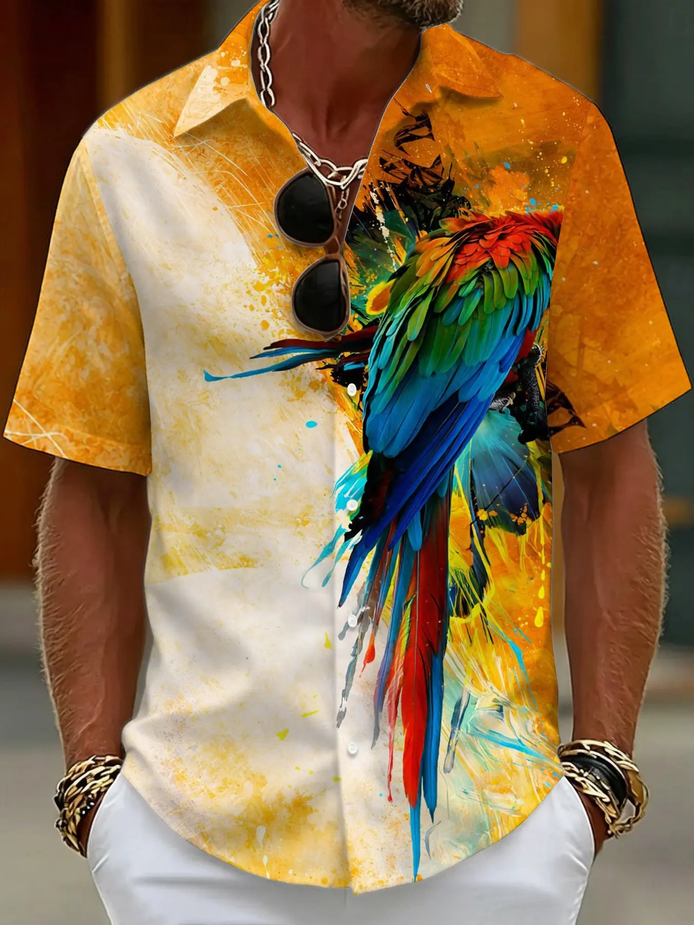 Yellow and white gradient colorful parrot printed Casual Style Graphic short-sleeved collared shirt, an artistic and individual men's casual top