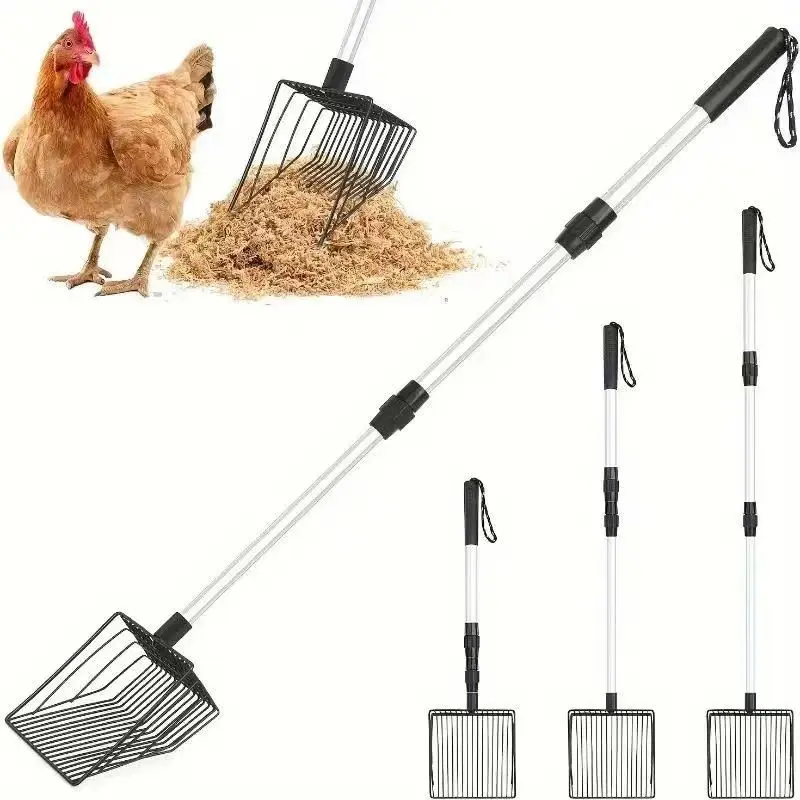 Adjustable Long Handle Chicken Litter Scooper, 3-In-1 Steel Shovel with Wire Mesh Sifter, Ideal for Pine Pellets, Coop Cleaning, Poultry Farm Maintenance