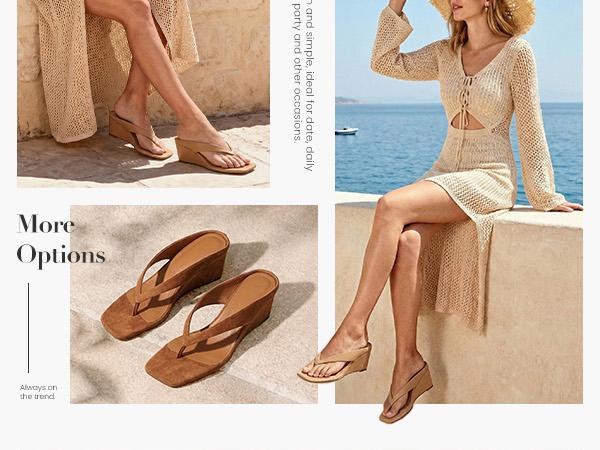 Athlefit Women's Low Wedge Sandals Trendy Dressy Square Open Toe Summer Beach Flip Flops Thong Heeled Sandals SpringStatements