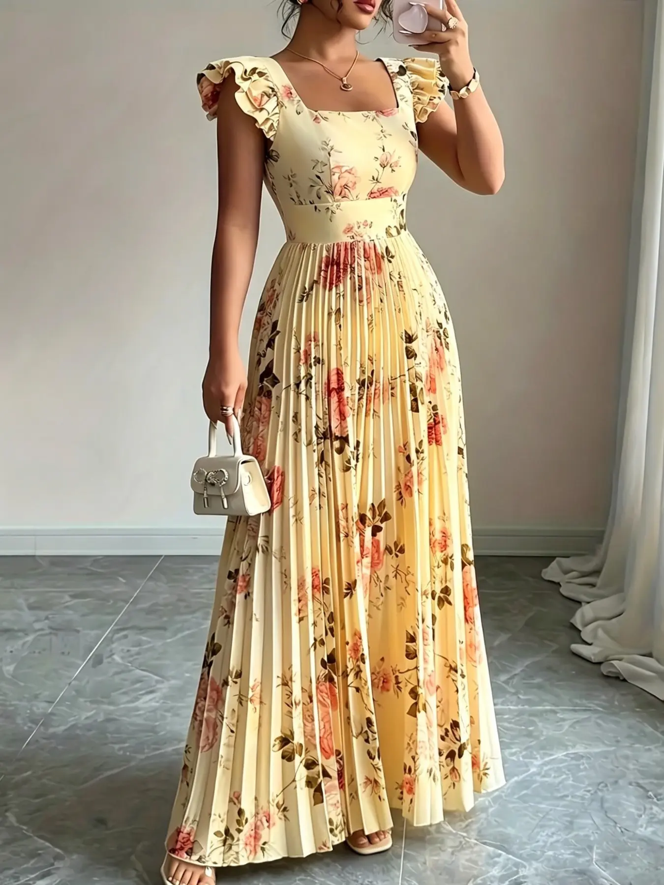 Elegant Floral Print Pleated Skirt Dress for Women, New Summer Autumn Fashion, Stylish Midi Dress with Ruffled Hem, Perfect for Daily and Casual Wear