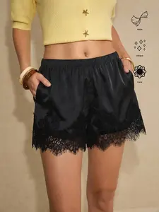 Vintage Satin Lace Shorts, Loose-Fit Wide Leg, Elastic Waist, Fringe Hem, Casual Home Wear, Comfortable and Stylish