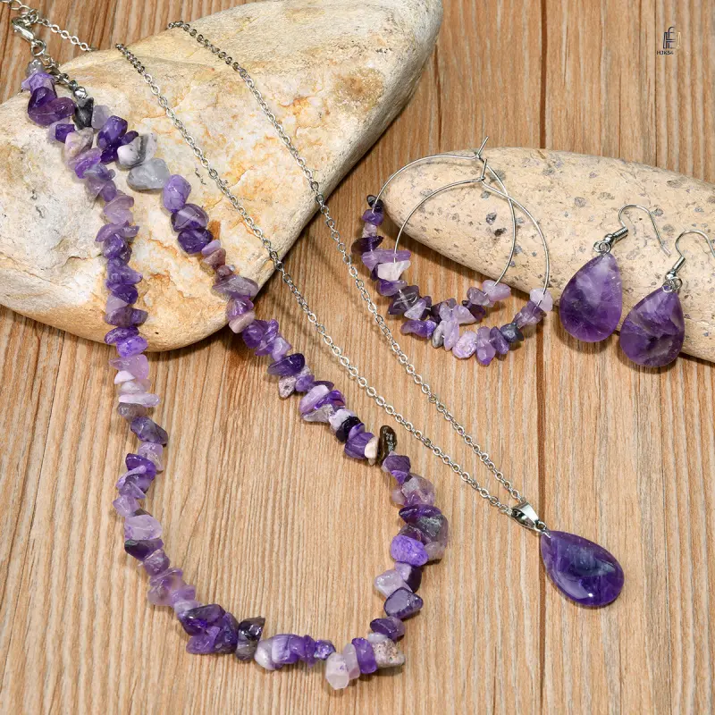 Retro Boho 4-Piece Jewelry Set for Women, Lightweight Water Drop Necklace & Earrings with Natural Amethyst & Tiger Eye Crystal Chip, Daily Wear
