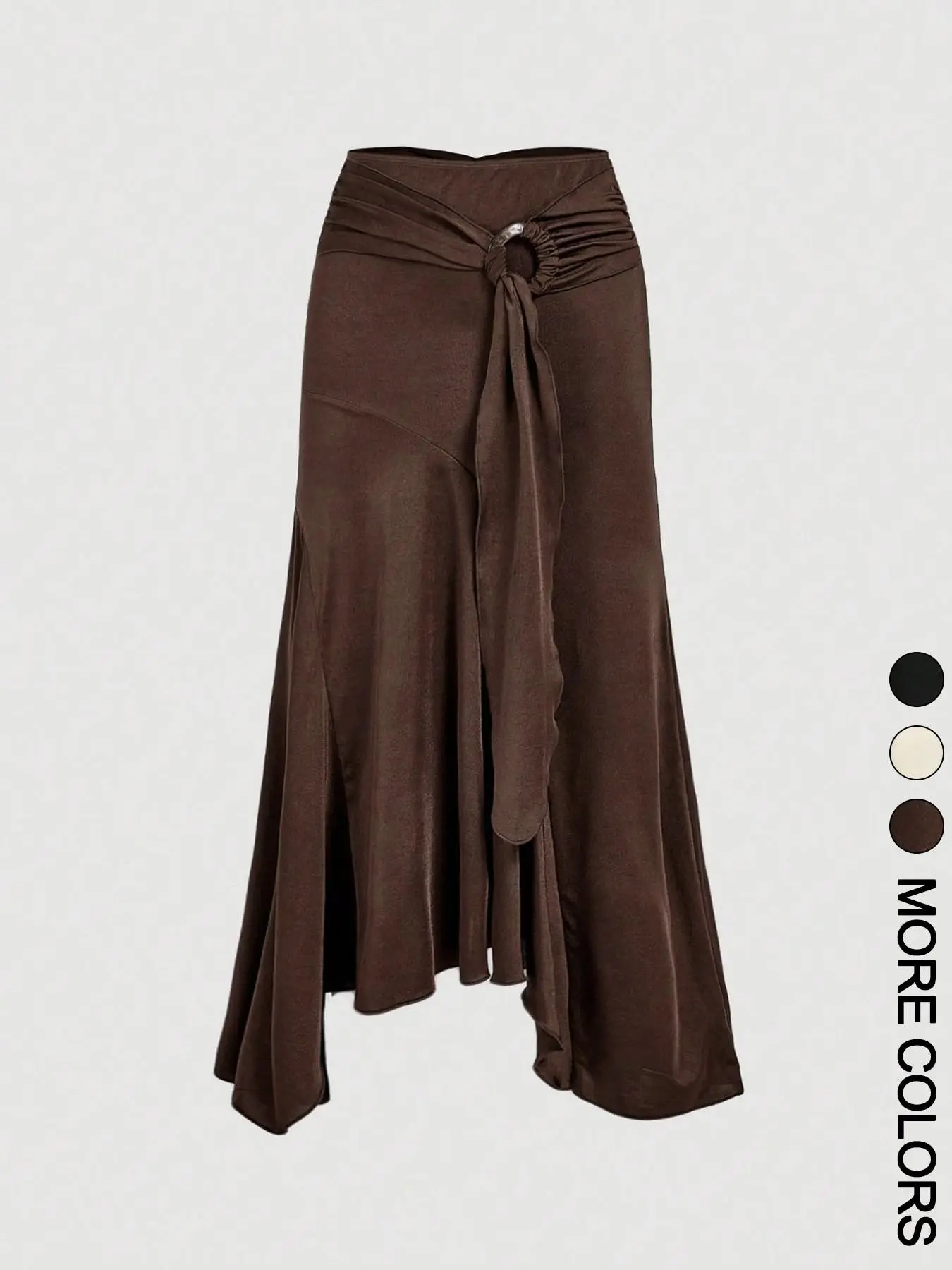 Women's High Waist Midi Skirt, Asymmetrical Skirt, O-Ring Tie Front Detail, Ruched Back Waist, Asymmetric Flared Ruffle Hem, Smooth Draped Knit Fabric, Daily Commute Date Evening Party Wear, Vintage Elegant French Chic Aesthetic Style, Bottom