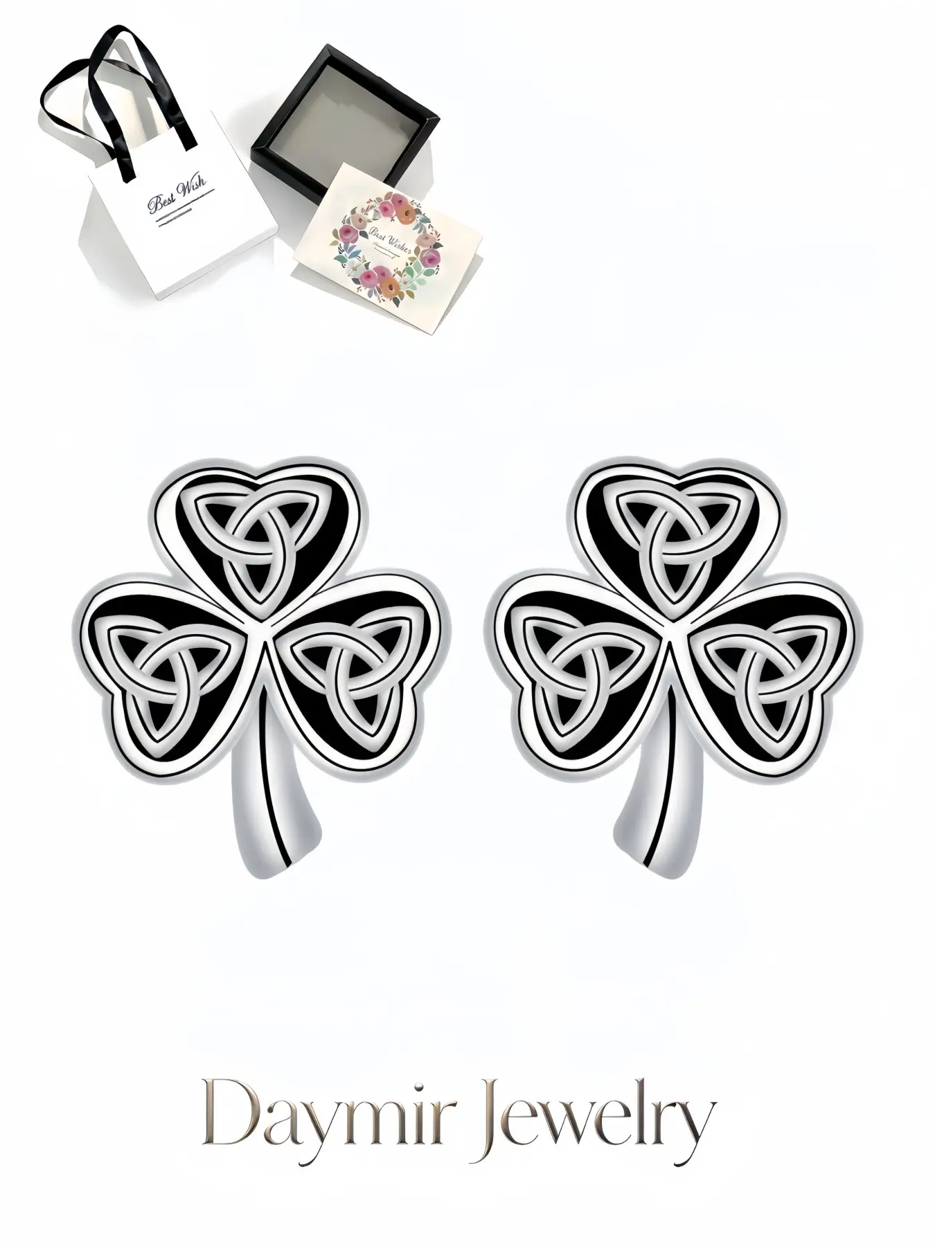 "Celtic Shamrock Black Enamel Earrings", niche sweet stylish studs for women, packed in delicate drawer jewelry box, ideal gifts for birthdays, Mother’s Day, Valentine’s Day, Christmas and anniversaries.