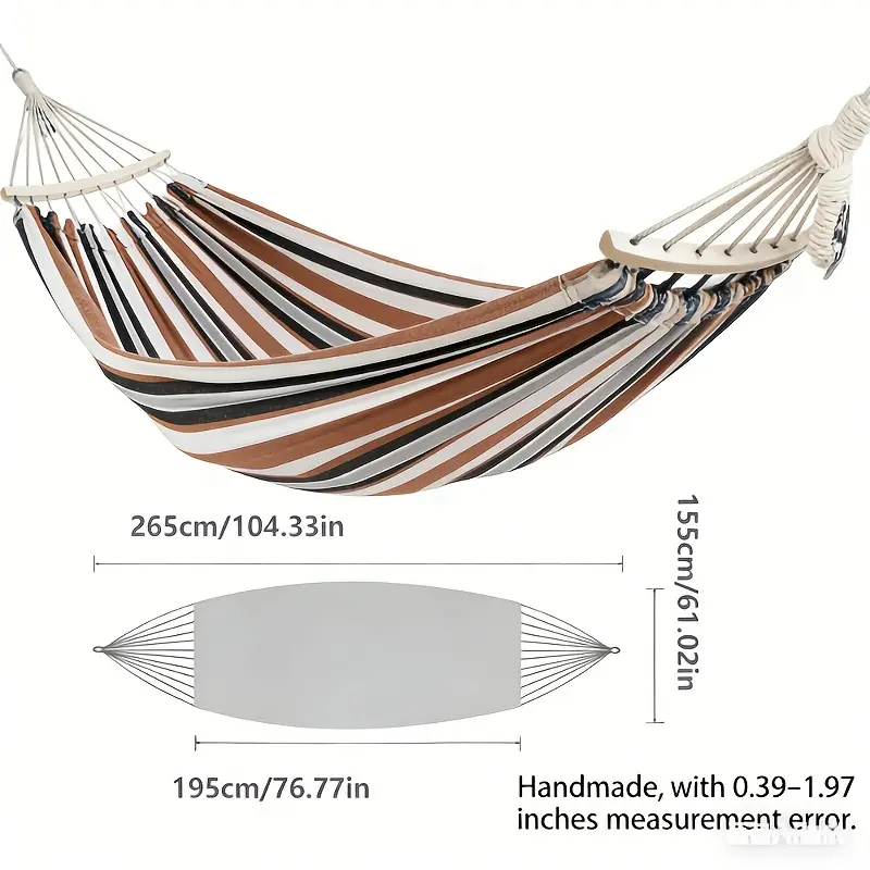 Extra-large and extra-wide, suitable for two people, this outdoor hammock features wooden poles and an extended rope for portability.The upgraded version includes two anti-tumble balancing poles, ideal for camping, patios, backyards, and outdoor use campi