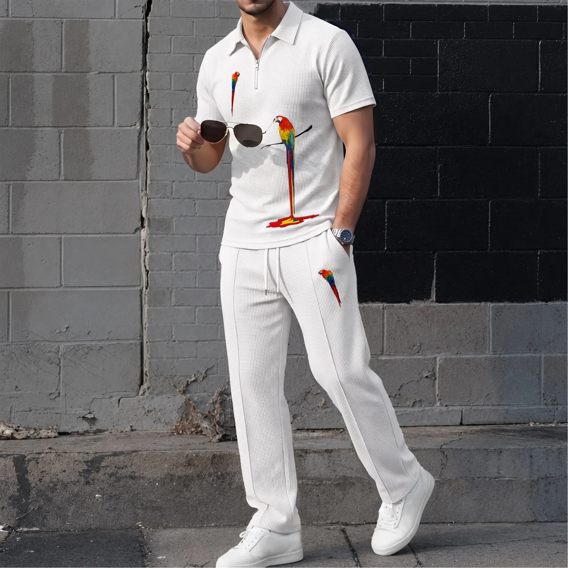 Men’s Parrot Print Waffle Fabric Zip Collar Polo Shirt and Pants Set, Short Sleeve Polo Top with Matching Drawstring Trousers, Casual Two Piece Outfit