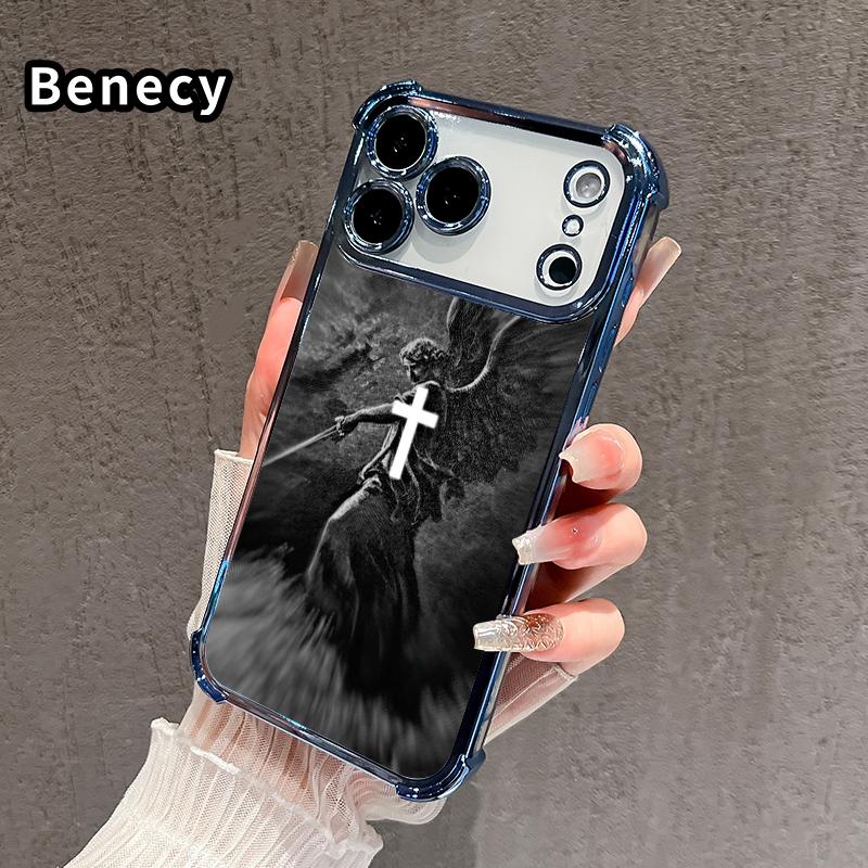 Phone Case for iPhone 17 Pro Max 16 15 Plus Air 14 13 12 11 E Christian Aesthetics Cross Judgement Angel Pattern Four-corner Thickened Anti-drop Protective Silicone Cover Gift