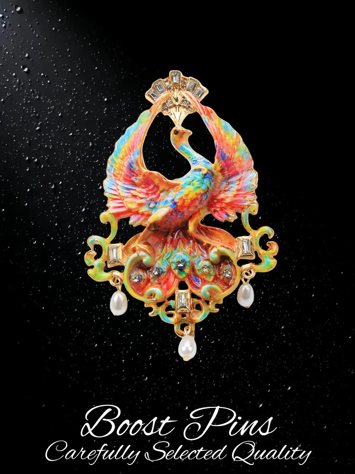 Rainbow Enamel Phoenix Brooch With Hanging Pearl & Baguette Crystal Retro Oriental Myth Creature Corsage Pin Elegant Clothing Jewelry For Ladies Overcoat Shawl Wedding Anniversary Valentine Daily Formal Occasion Gift