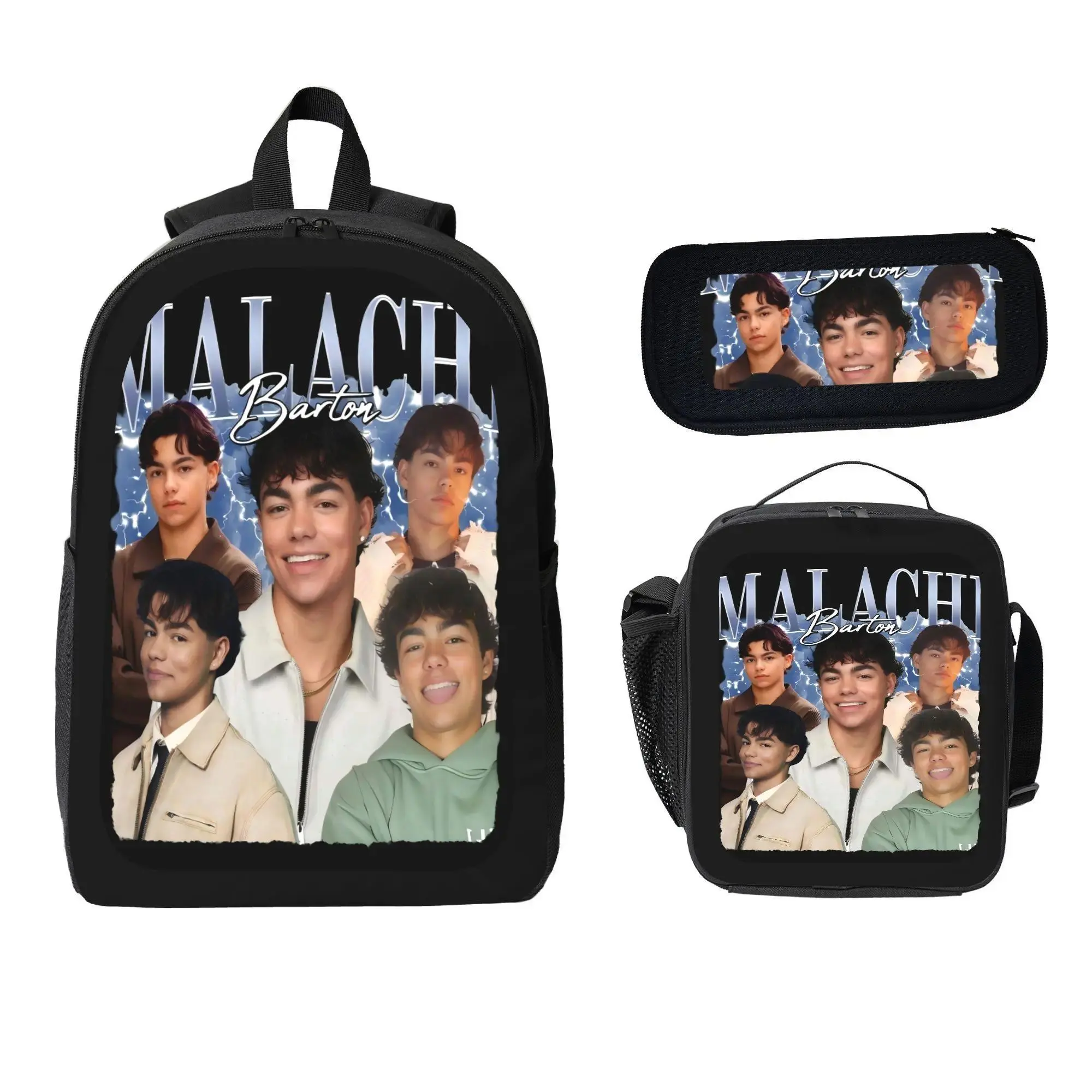 Malachi Barton Celebrity-Themed 3-Piece Backpack Set Black Backpack Lunch Bag Pencil Case for Students Professionals
