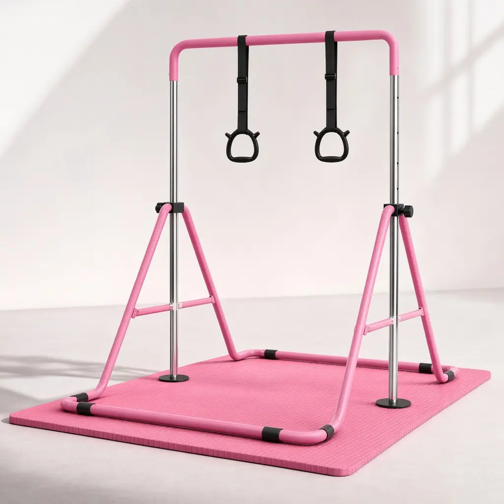 Sturdy Kids Gymnastics Bar Set - Foldable Horizontal Training Equipment with Adjustable Height & Mat, for Young Gymnasts’ Indoor Home Practice, Supports Skill Development & Active Play, Refer To Packaging, No, With Mat